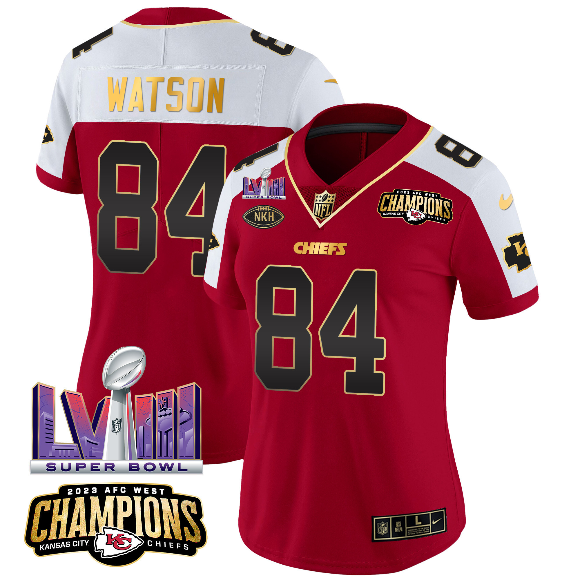 Justin Watson Women's Kansas City Chiefs AFC West Champions & Super Bowl LVIII Patch Vapor Red Alternate Jersey - All Stitched