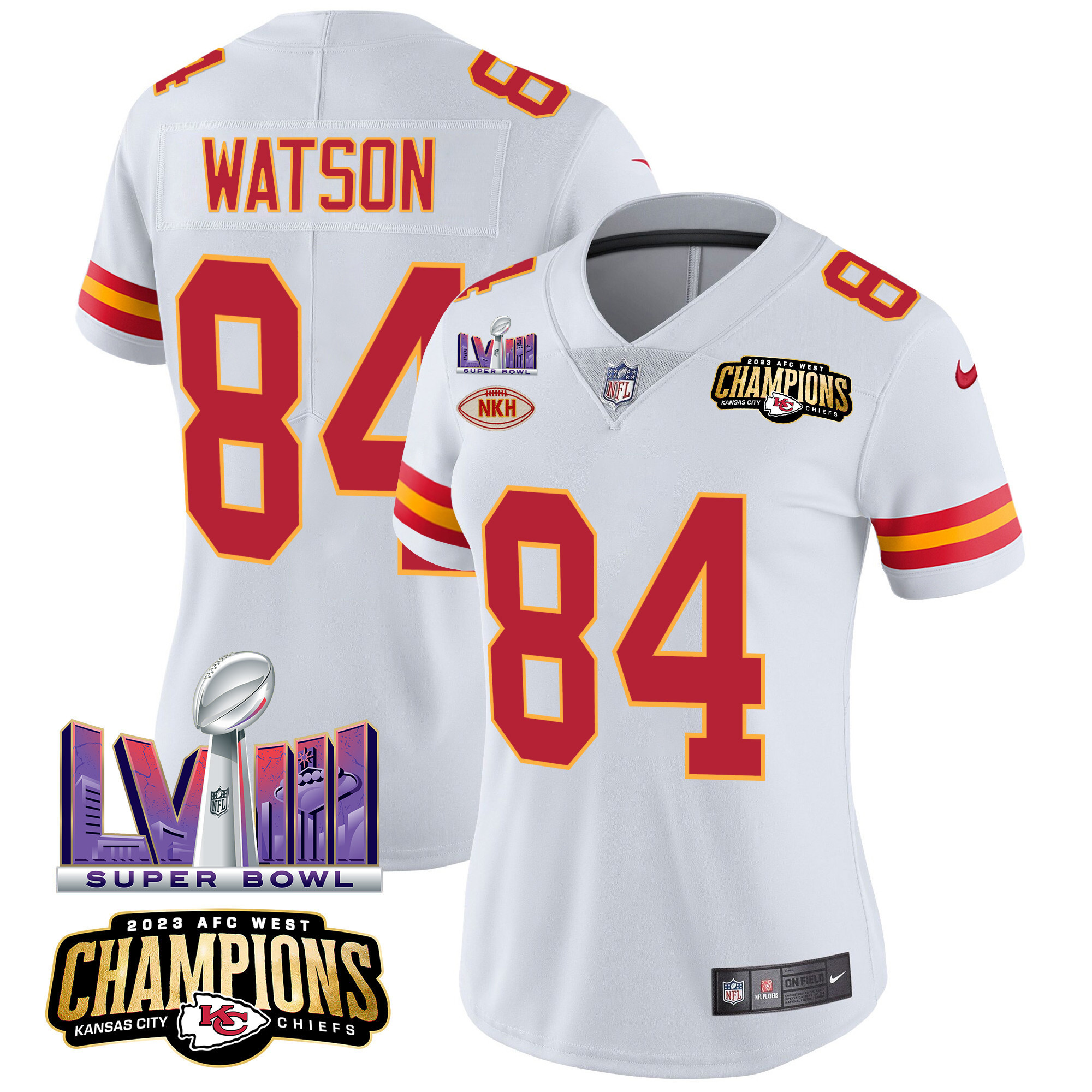 Justin Watson Women's Kansas City Chiefs AFC West Champions & Super Bowl LVIII Patch Vapor White Jersey - All Stitched