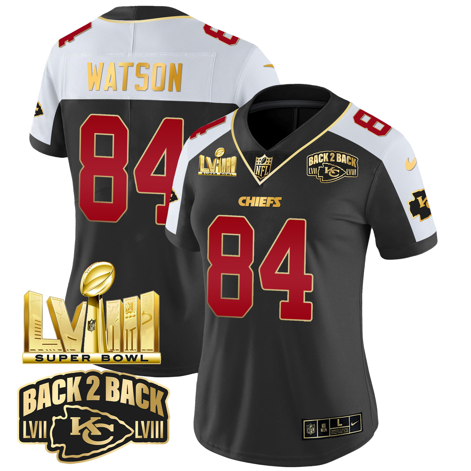 Justin Watson Women's Kansas City Chiefs Super Bowl LVIII & Back 2 Back Gold Patch Vapor Black Alternate Jersey - All Stitched