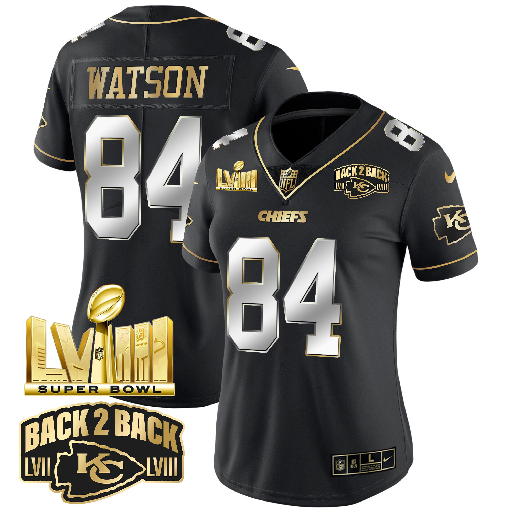 Justin Watson Women's Kansas City Chiefs Super Bowl LVIII & Back 2 Back Gold Patch Vapor Black Limited Jersey - All Stitched