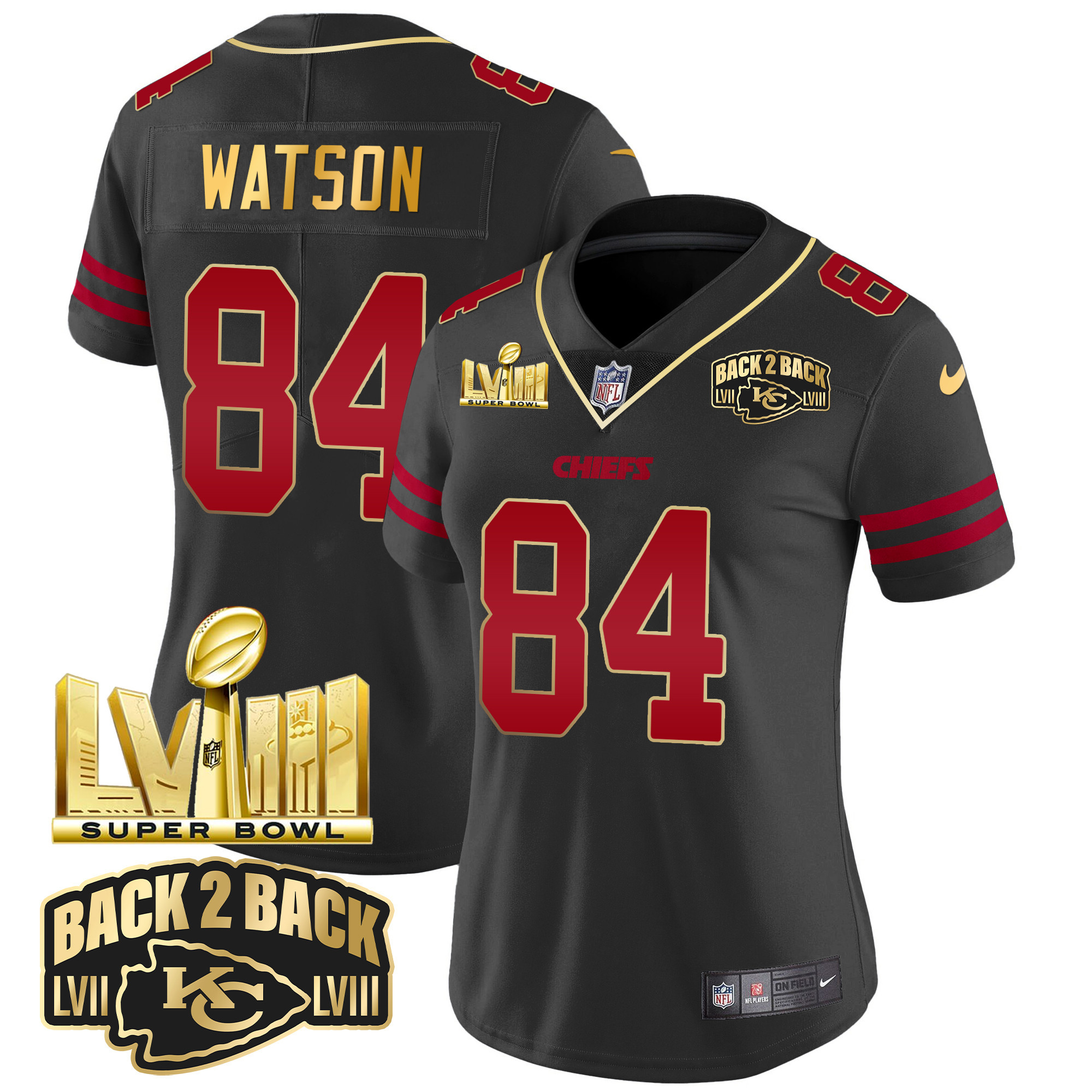 Justin Watson Women's Kansas City Chiefs Super Bowl LVIII & Back 2 Back Gold Patch Vapor Gold Trim Jersey - All Stitched