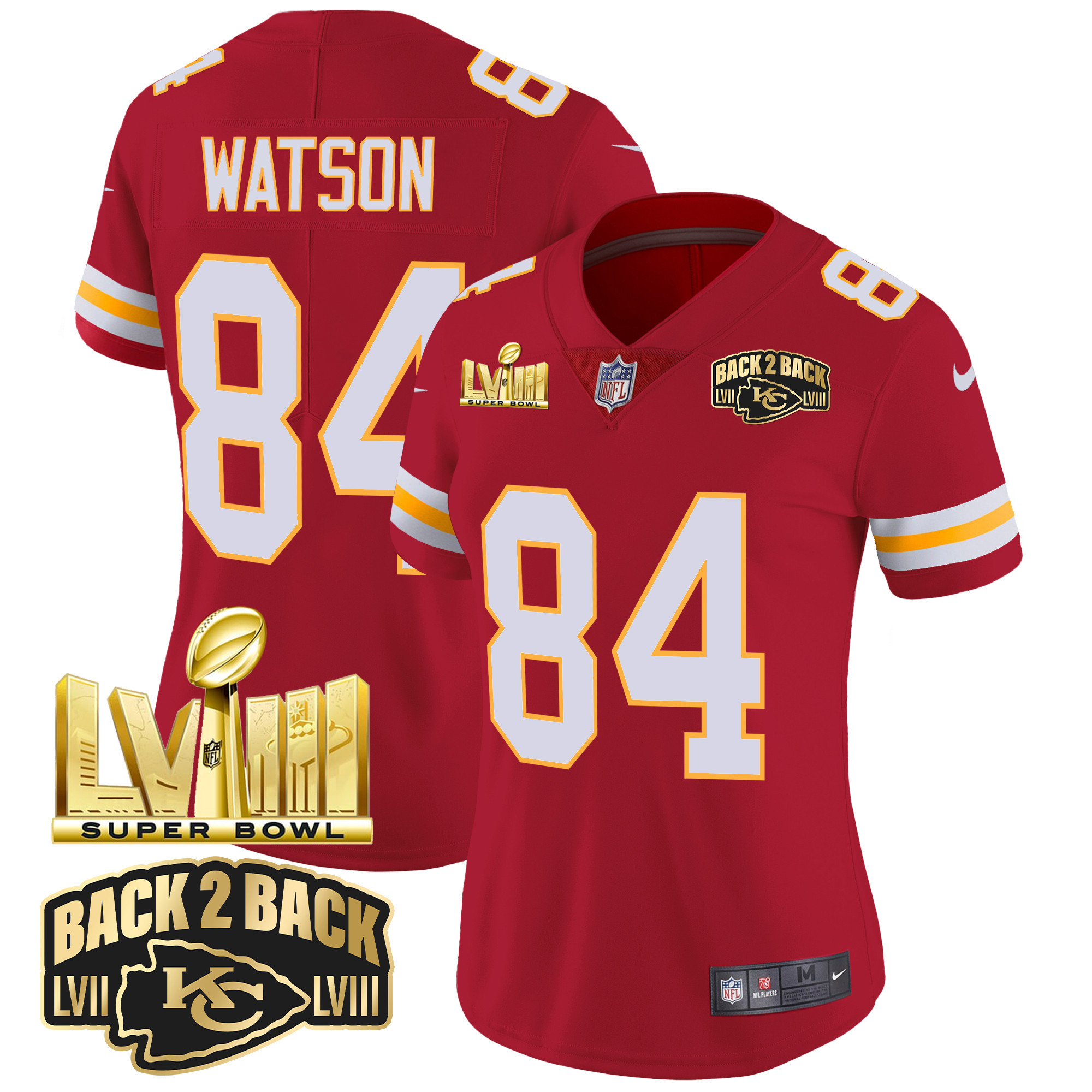 Justin Watson Women's Kansas City Chiefs Super Bowl LVIII & Back 2 Back Gold Patch Vapor Red Jersey - All Stitched
