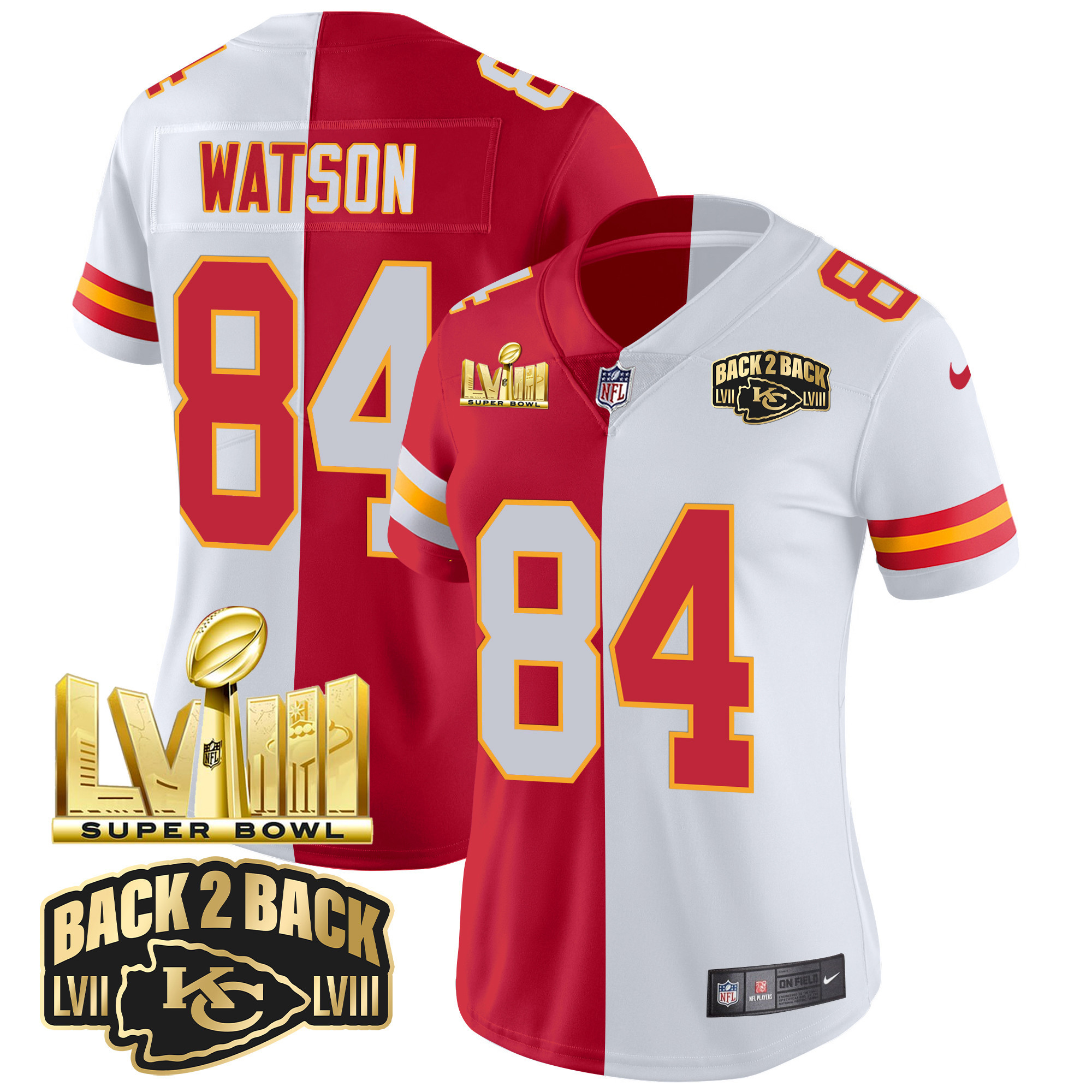 Justin Watson Women's Kansas City Chiefs Super Bowl LVIII & Back 2 Back Gold Patch Vapor Split Jersey - All Stitched