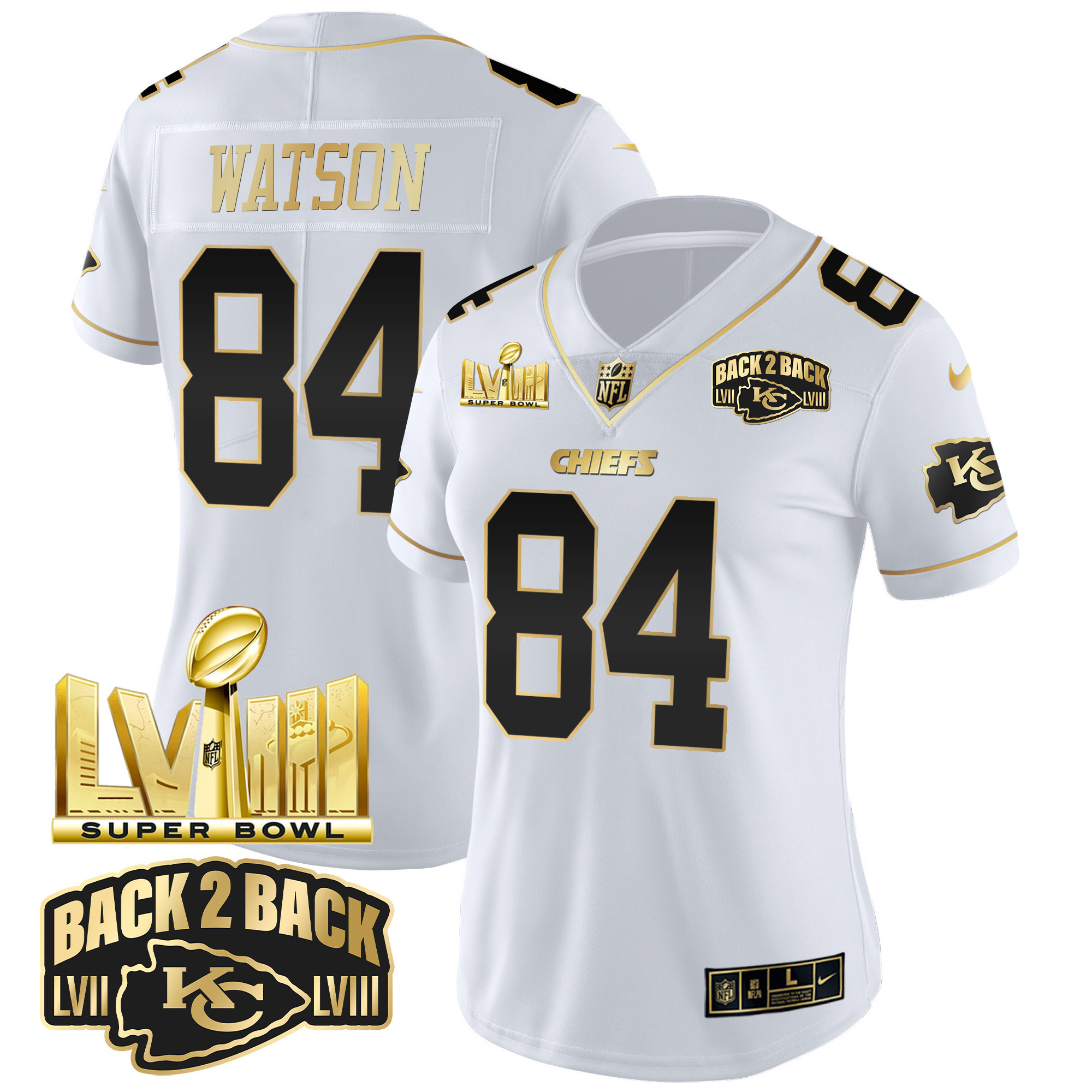 Justin Watson Women's Kansas City Chiefs Super Bowl LVIII & Back 2 Back Gold Patch Vapor White Gold Jersey - All Stitched