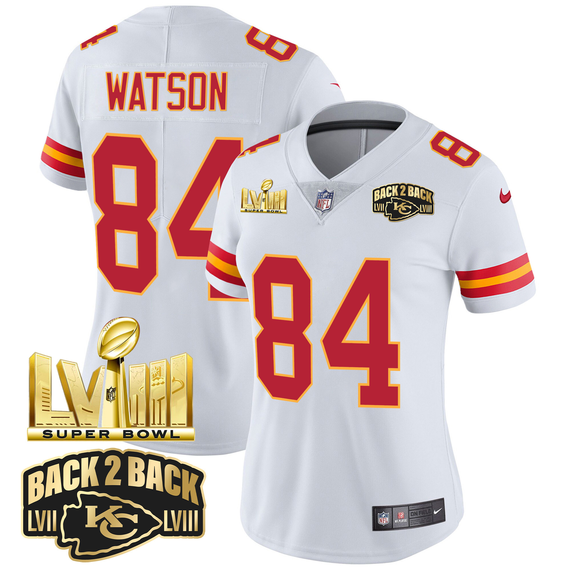 Justin Watson Women's Kansas City Chiefs Super Bowl LVIII & Back 2 Back Gold Patch Vapor White Jersey - All Stitched