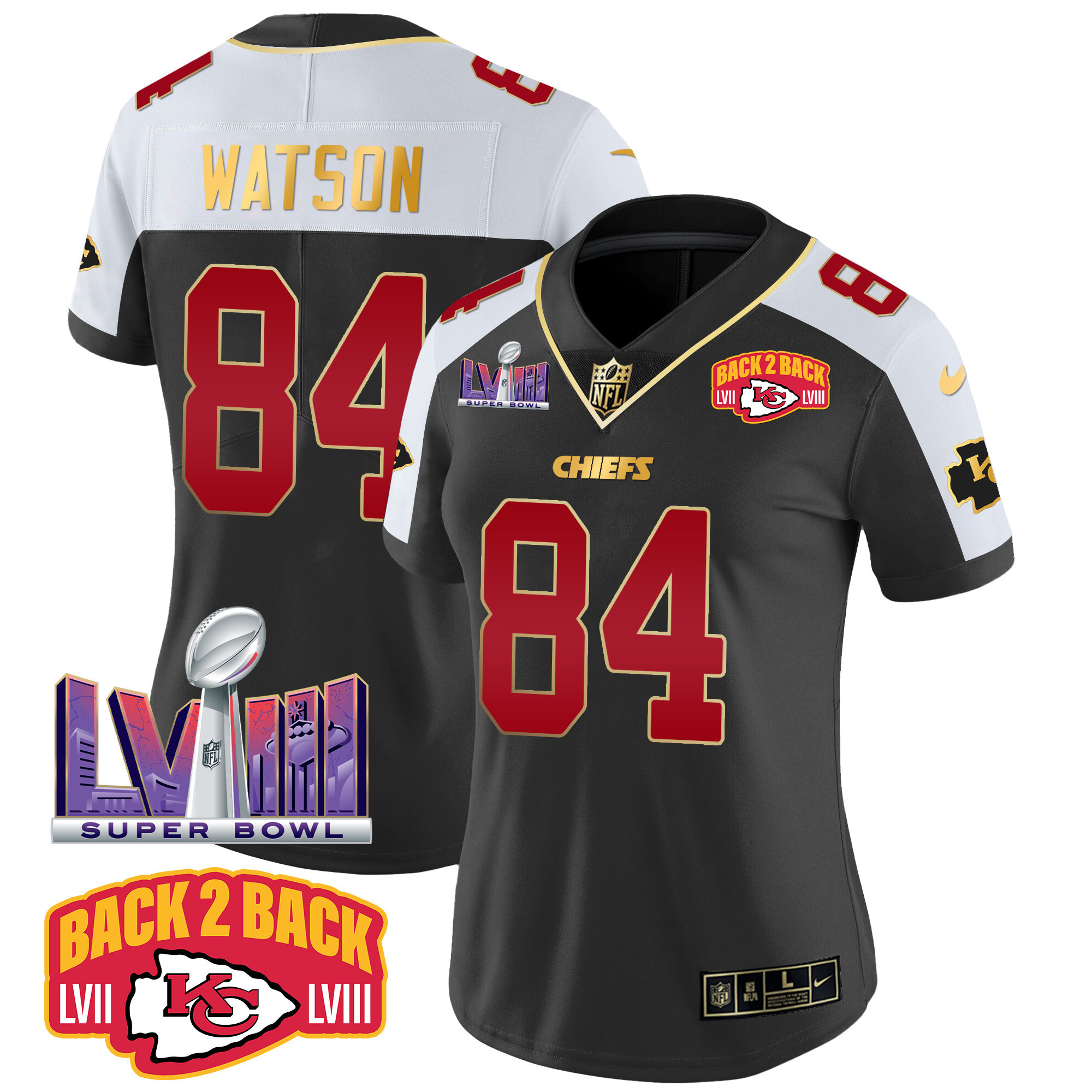 Justin Watson Women's Kansas City Chiefs Super Bowl LVIII & Back 2 Back Patch Vapor Black Alternate Jersey - All Stitched