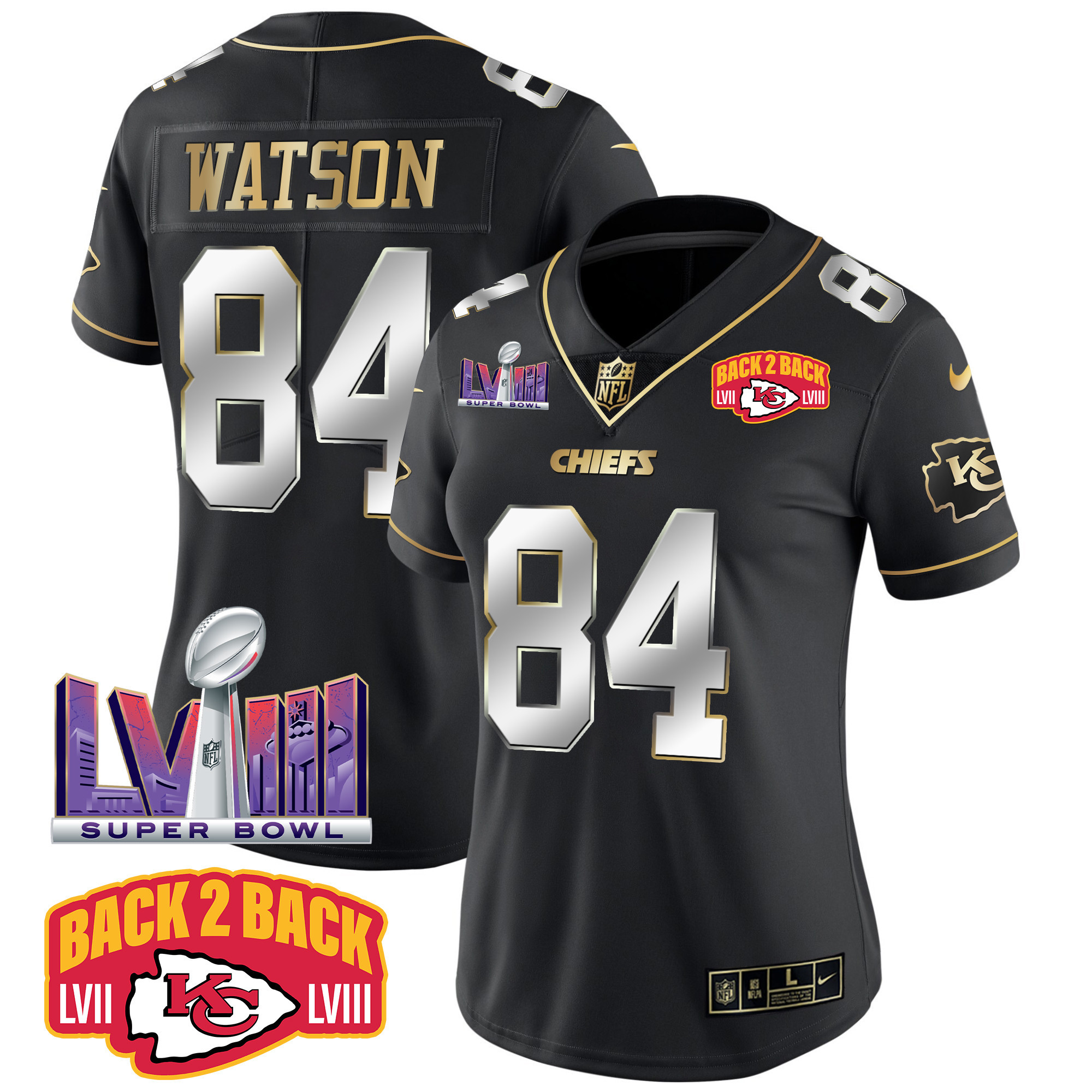Justin Watson Women's Kansas City Chiefs Super Bowl LVIII & Back 2 Back Patch Vapor Black Limited Jersey - All Stitched