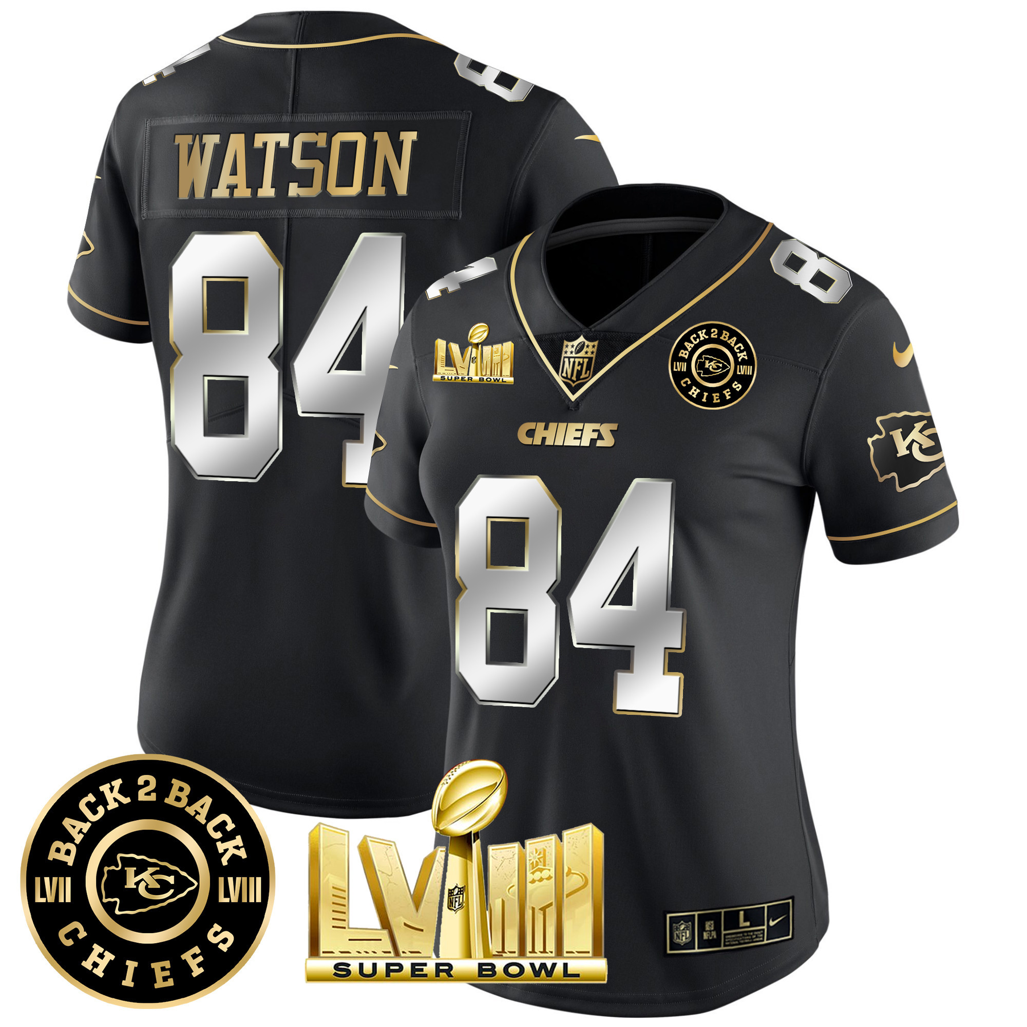 Justin Watson Women's Kansas City Chiefs Super Bowl LVIII & Back 2 Back Patch Vapor Black Limited Jersey - All Stitched