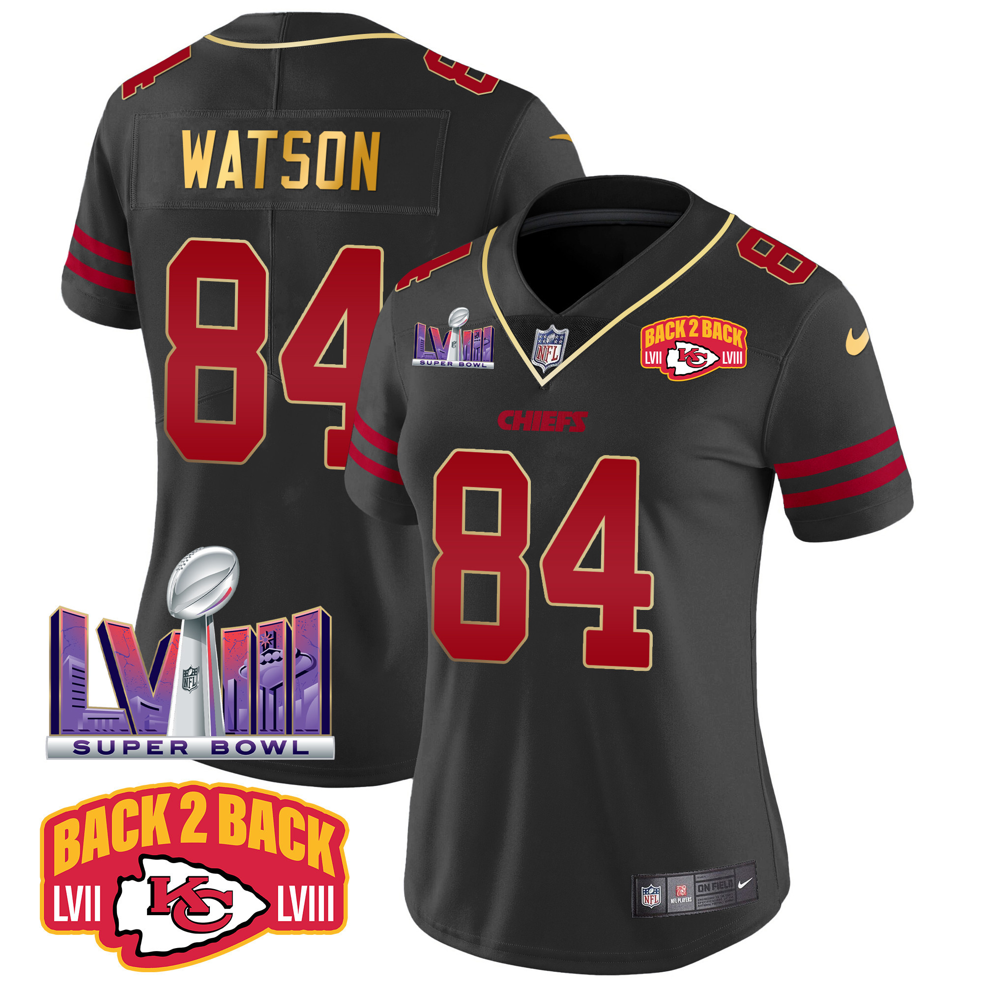 Justin Watson Women's Kansas City Chiefs Super Bowl LVIII & Back 2 Back Patch Vapor Gold Trim Jersey - All Stitched