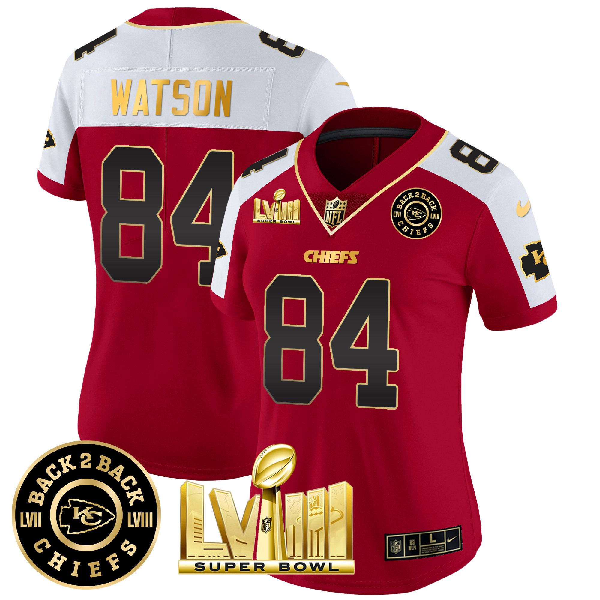 Justin Watson Women's Kansas City Chiefs Super Bowl LVIII & Back 2 Back Patch Vapor Red Alternate Jersey - All Stitched