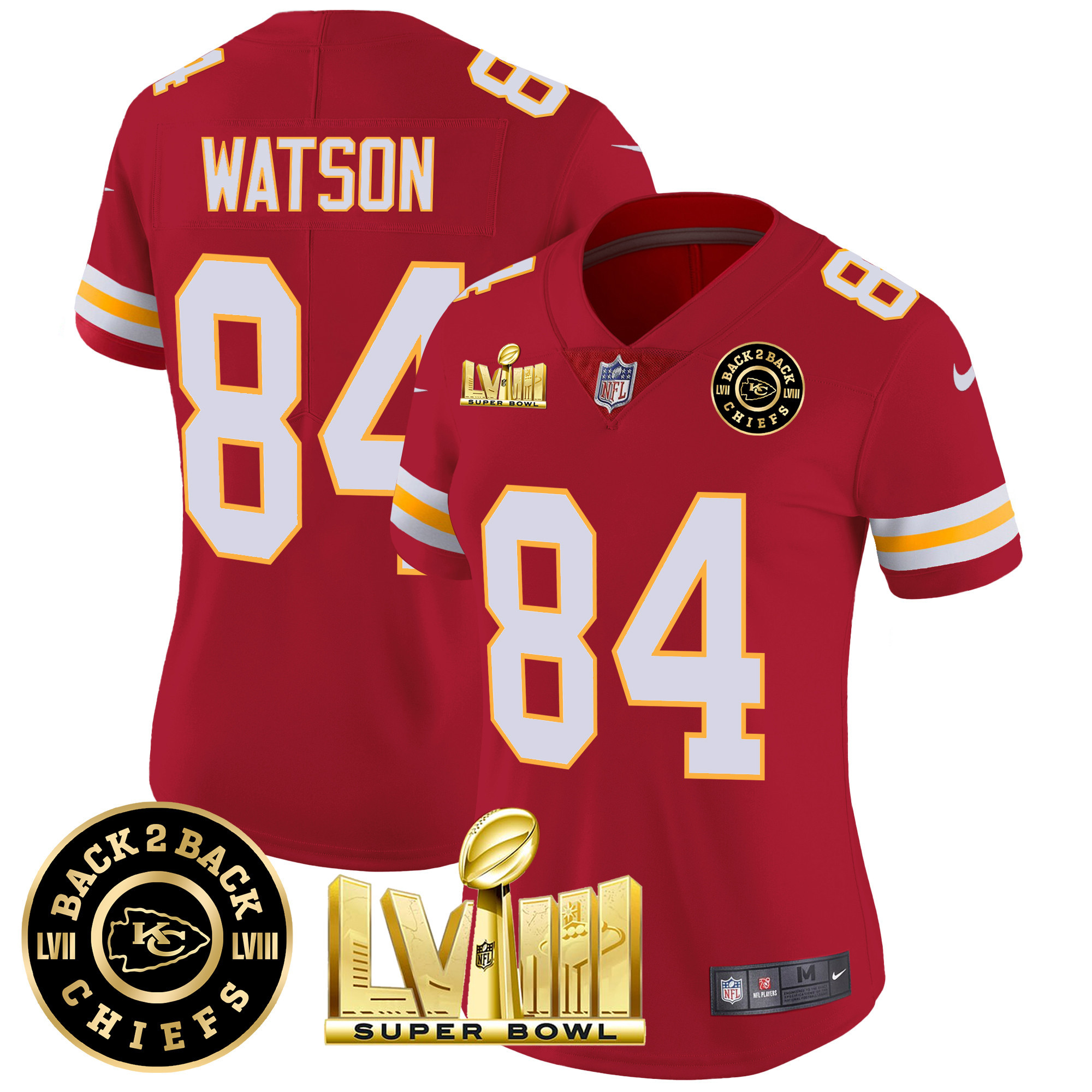 Justin Watson Women's Kansas City Chiefs Super Bowl LVIII & Back 2 Back Patch Vapor Red Jersey - All Stitched