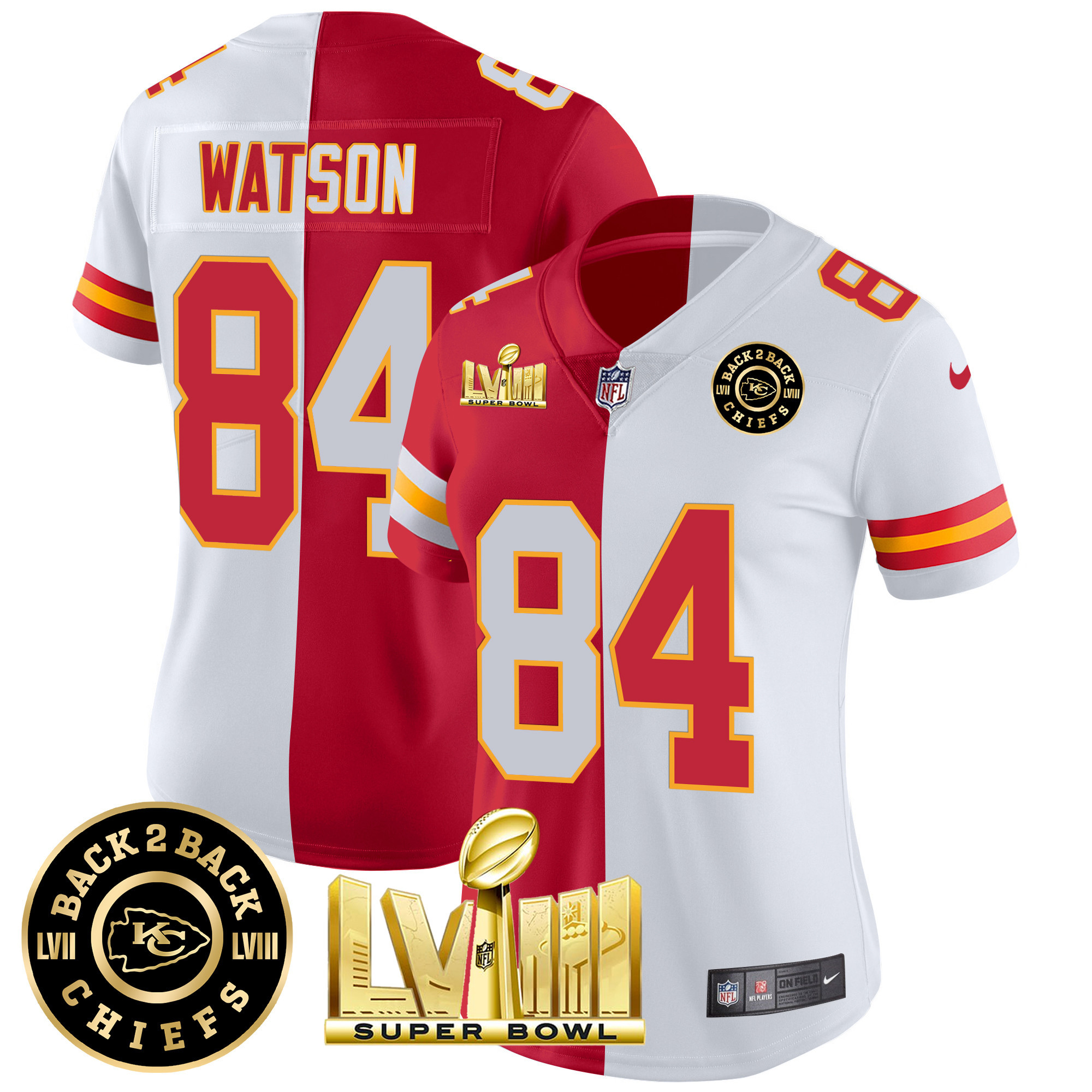 Justin Watson Women's Kansas City Chiefs Super Bowl LVIII & Back 2 Back Patch Vapor Split Jersey - All Stitched