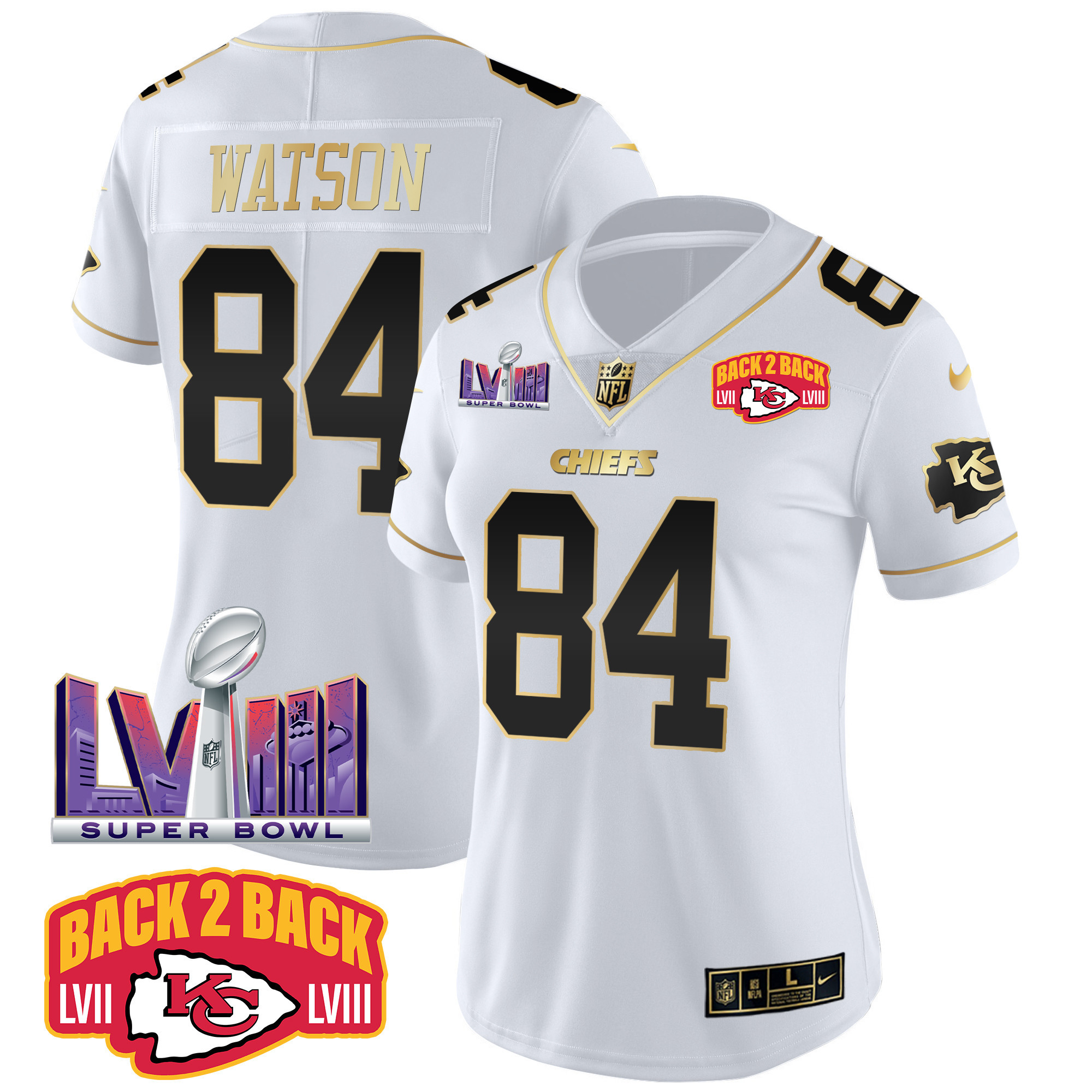 Justin Watson Women's Kansas City Chiefs Super Bowl LVIII & Back 2 Back Patch Vapor White Gold Jersey - All Stitched
