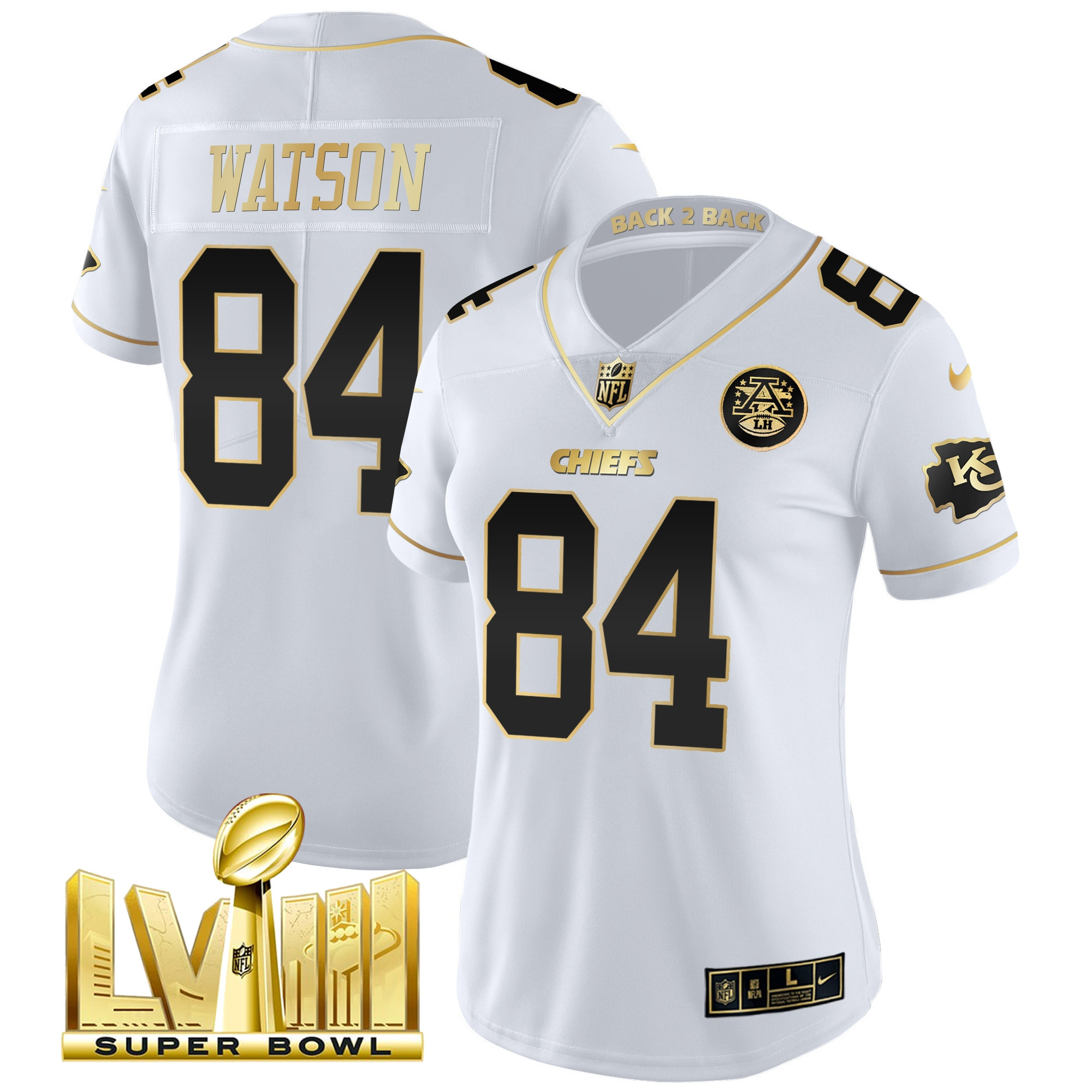 Justin Watson Women's Kansas City Chiefs Super Bowl LVIII & Back 2 Back Patch Vapor White Gold Jersey - All Stitched