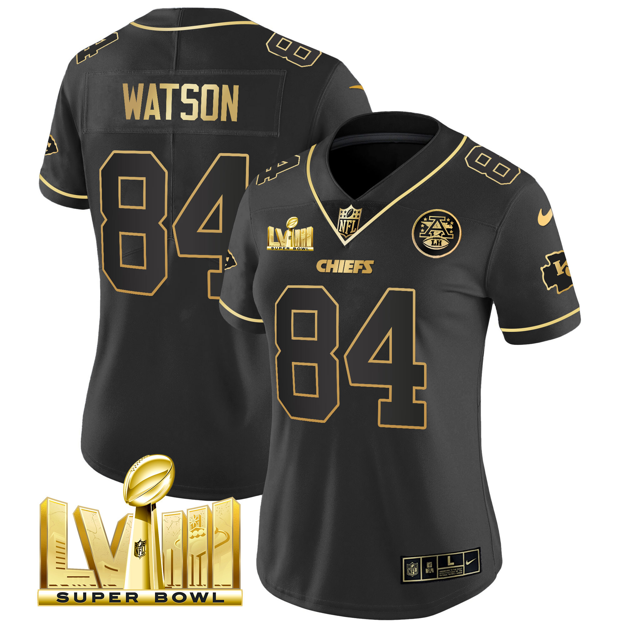 Justin Watson Women's Kansas City Chiefs Super Bowl LVIII Gold Patch Vapor Black Gold Jersey - All Stitched