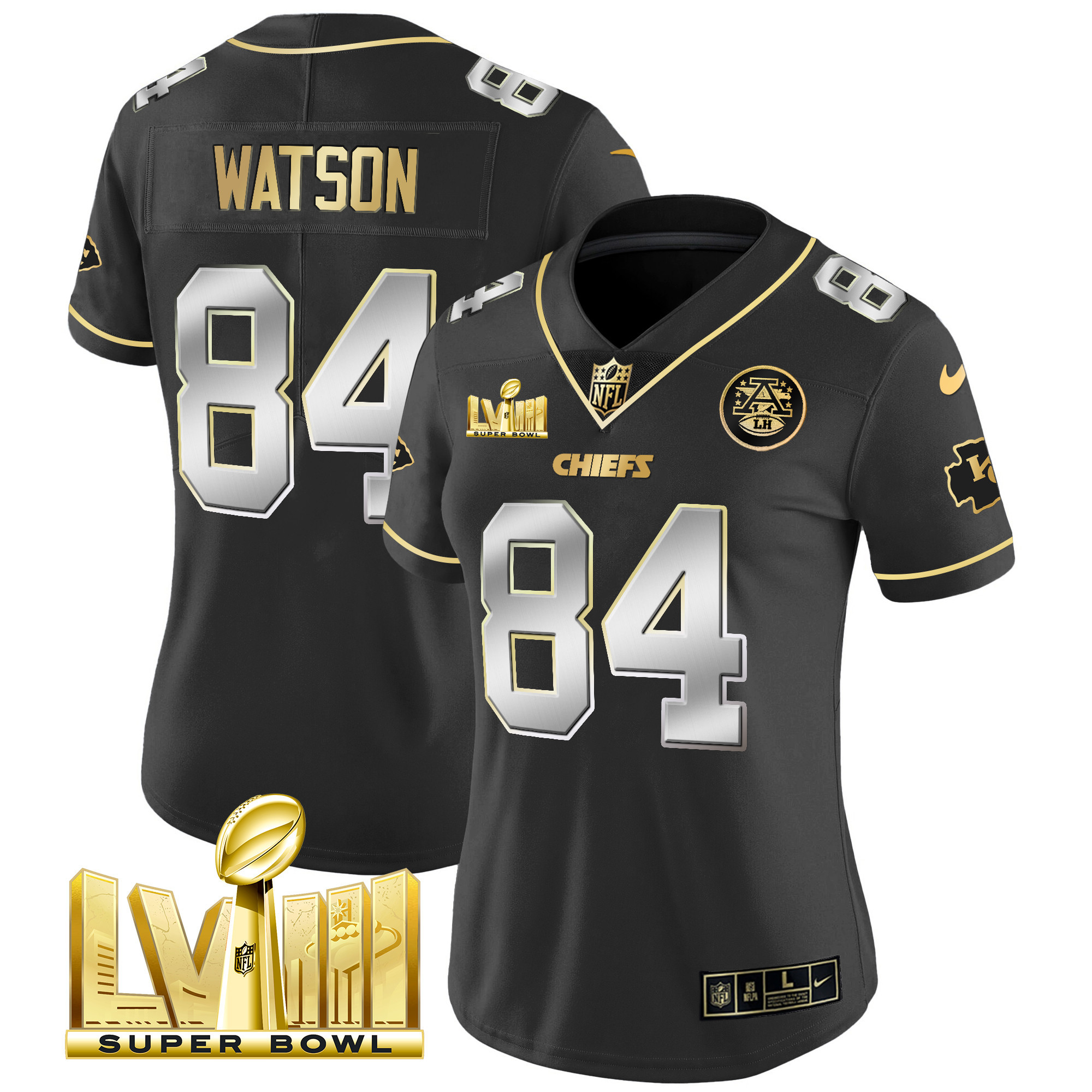 Justin Watson Women's Kansas City Chiefs Super Bowl LVIII Gold Patch Vapor Black Limited Jersey - All Stitched