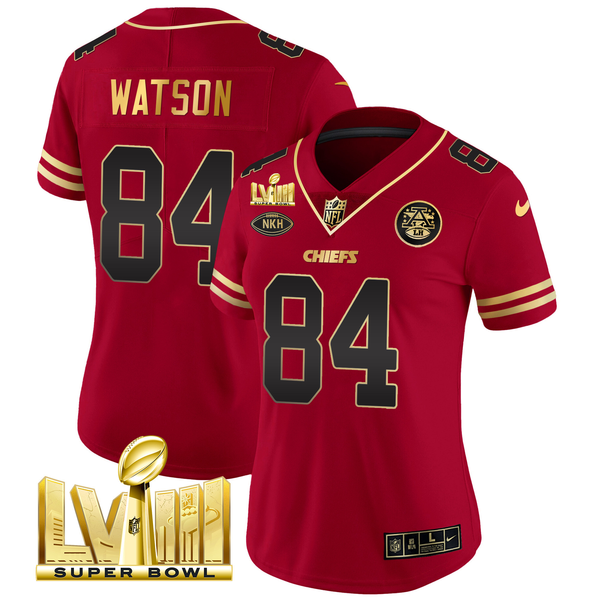 Justin Watson Women's Kansas City Chiefs Super Bowl LVIII Gold Patch Vapor Black Red Jersey - All Stitched