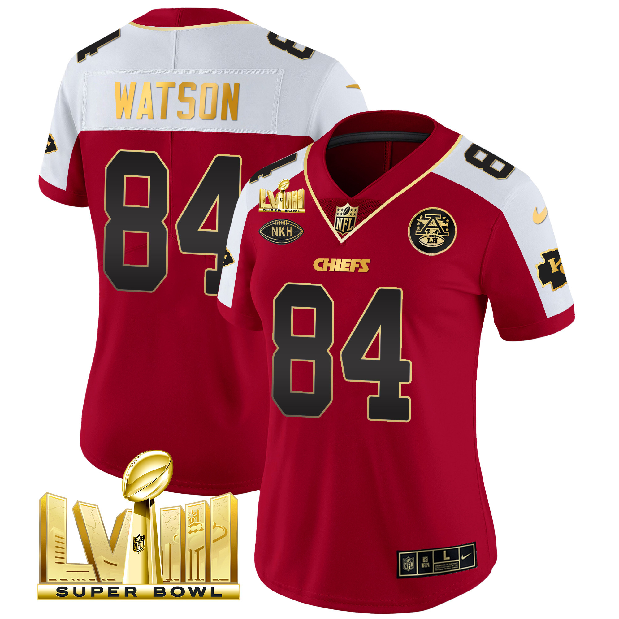 Justin Watson Women's Kansas City Chiefs Super Bowl LVIII Gold Patch Vapor Red Alternate Jersey - All Stitched