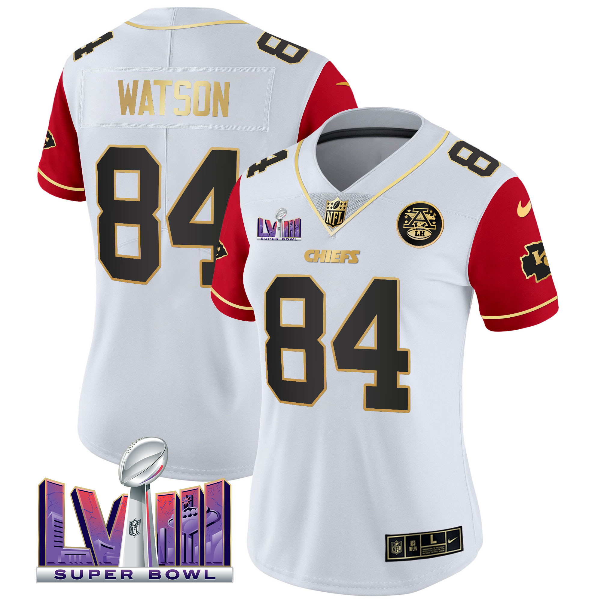 Justin Watson Women's Kansas City Chiefs Super Bowl LVIII Patch Vapor Color Sleeves Jersey - All Stitched