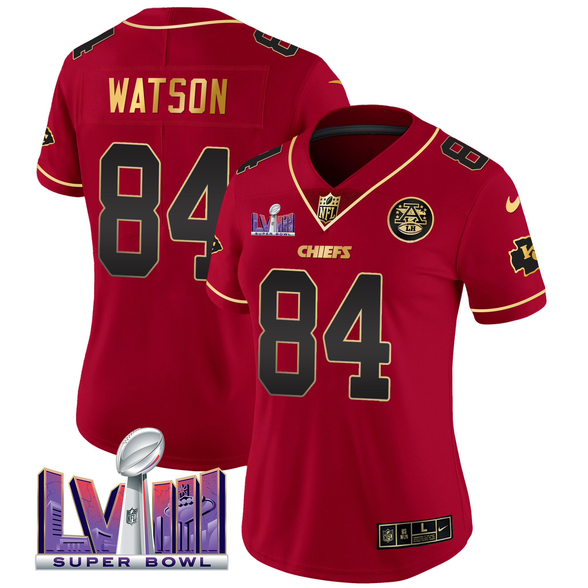 Justin Watson Women's Kansas City Chiefs Super Bowl LVIII Patch Vapor Red Special Jersey - All Stitched