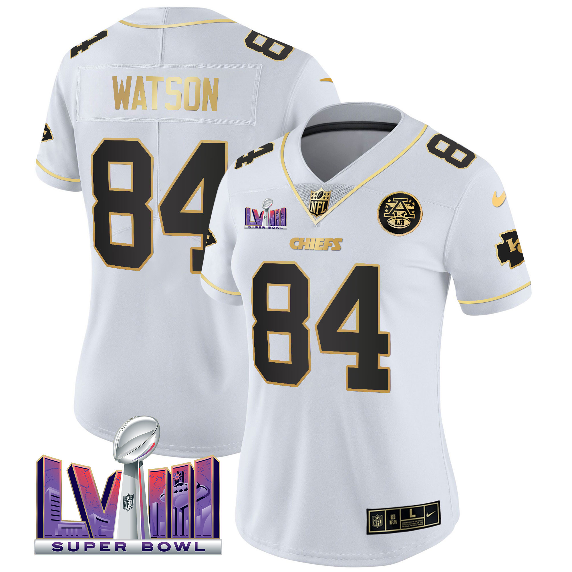 Justin Watson Women's Kansas City Chiefs Super Bowl LVIII Patch Vapor White Gold Jersey - All Stitched