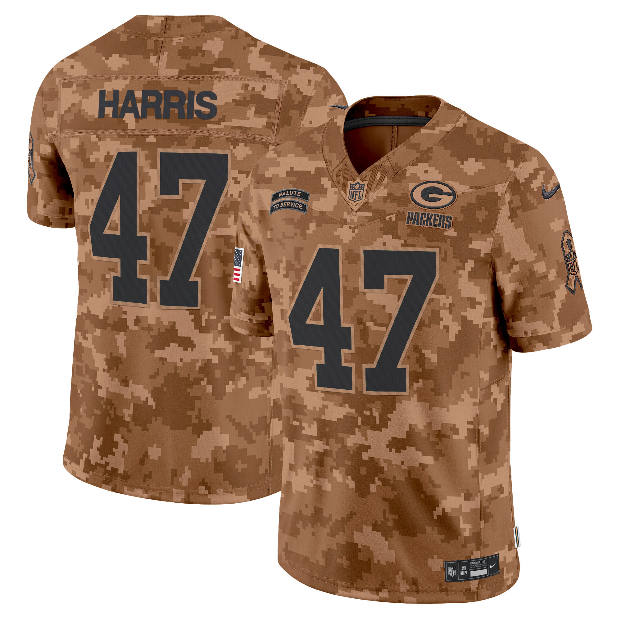 Kamala Harris Men's Green Bay Packers 2024 Salute to Service Vapor Limited Brown Camo Jersey - All Stitched