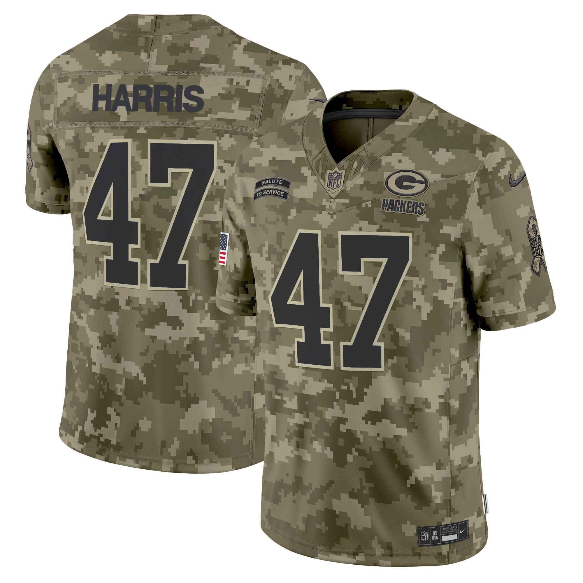 Kamala Harris Men's Green Bay Packers 2024 Salute to Service Vapor Limited Olive Camo Jersey - All Stitched