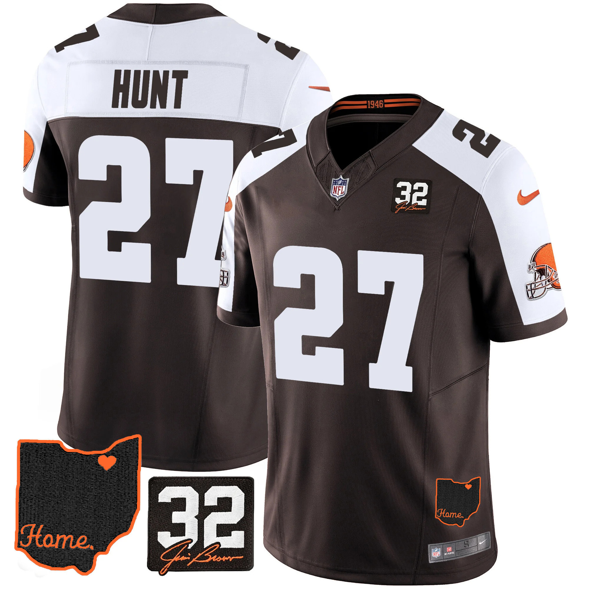 Kareem Hunt Men's Cleveland Browns #32 Jim Brown Memorial & Home Patch Alternate Jersey - All Stitched