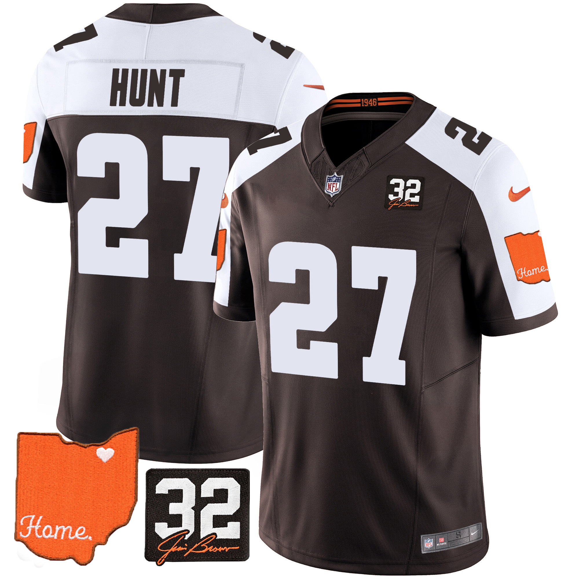 Kareem Hunt Men's Cleveland Browns #32 Jim Brown Memorial & Home Patch Alternate Jersey - All Stitched