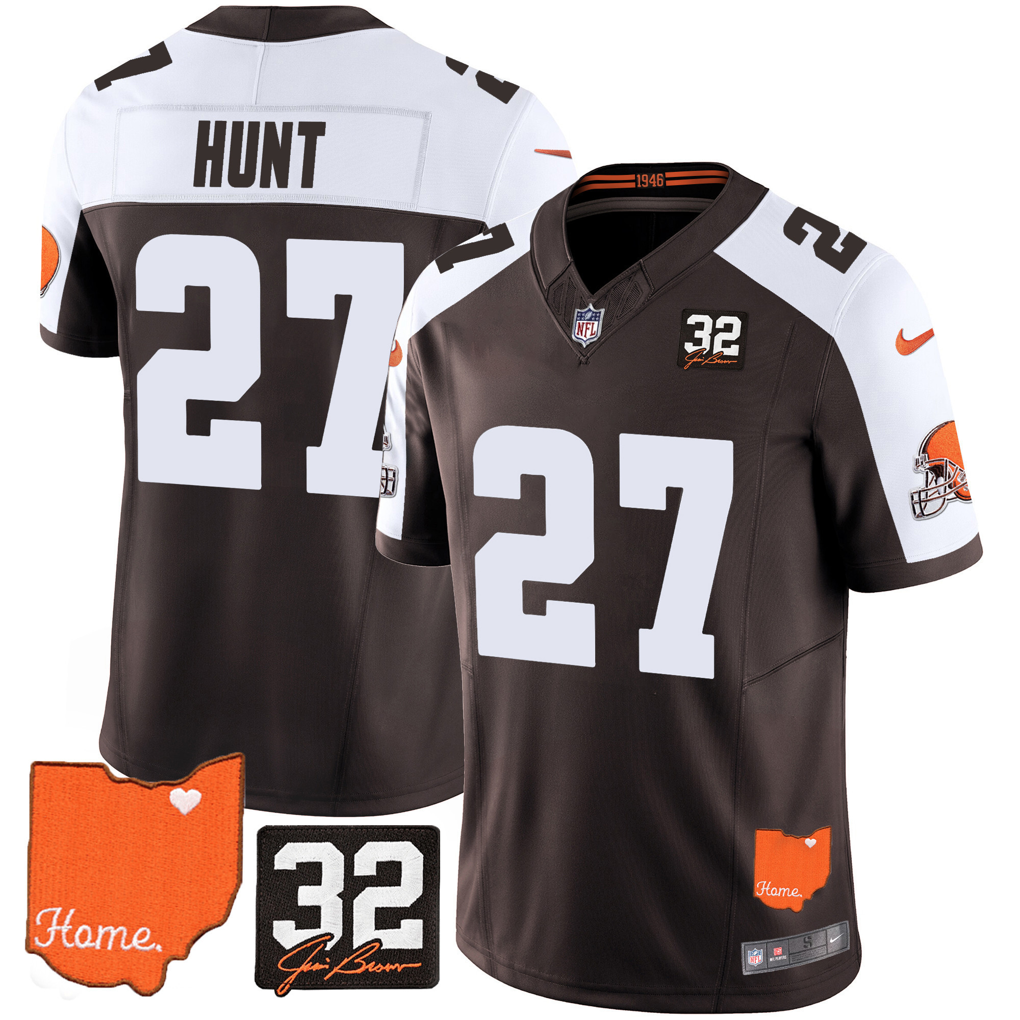 Kareem Hunt Men's Cleveland Browns #32 Jim Brown Memorial & Home Patch Alternate Jersey - All Stitched
