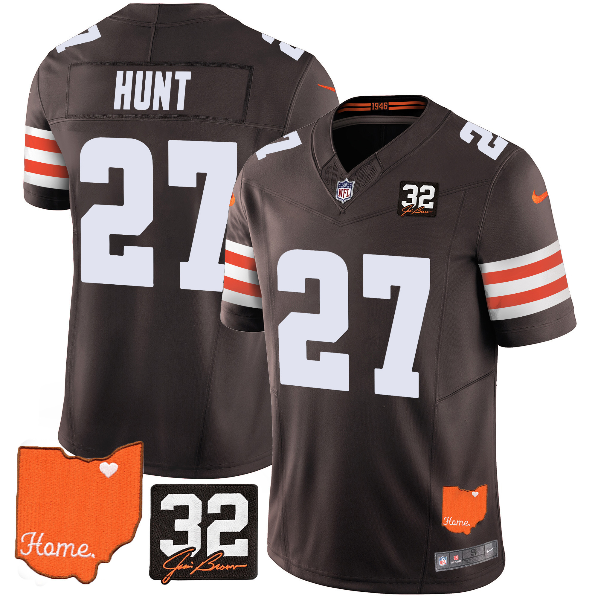 Kareem Hunt Men's Cleveland Browns #32 Jim Brown Memorial & Home Patch Brown Jersey - All Stitched