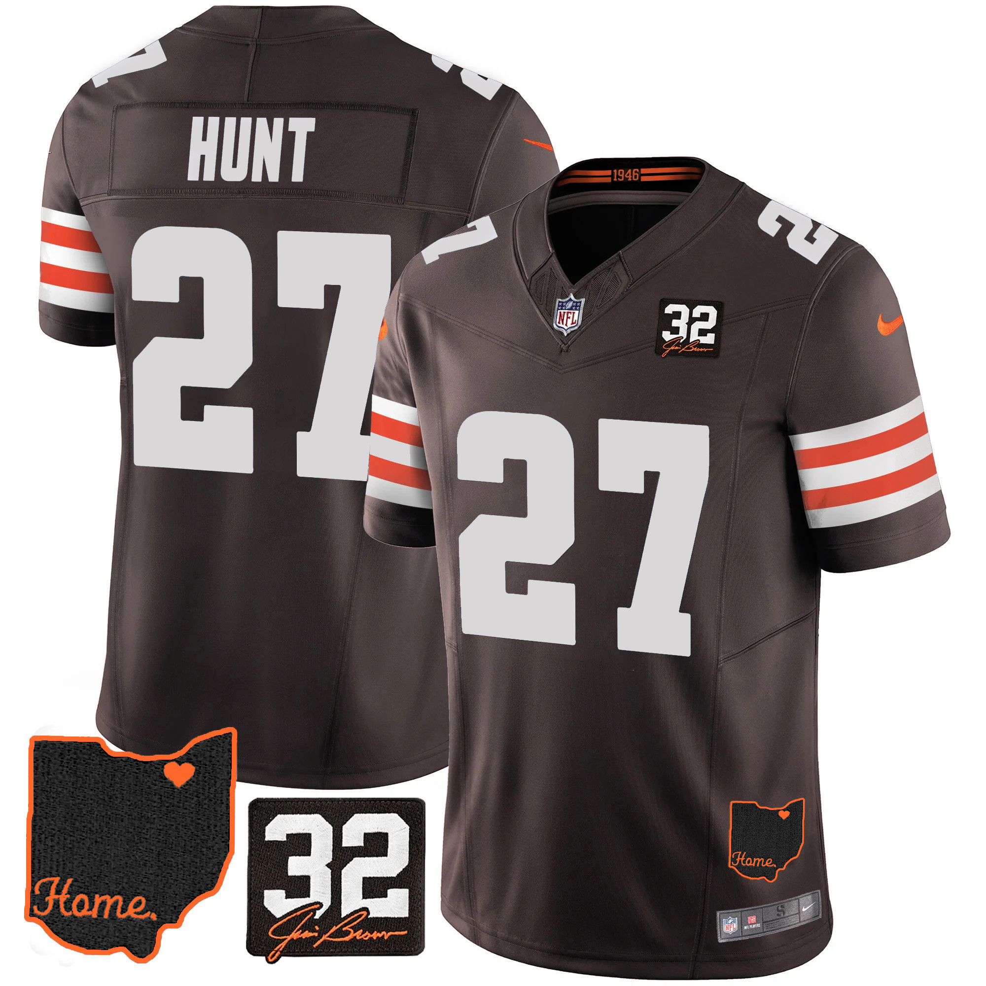 Kareem Hunt Men's Cleveland Browns #32 Jim Brown Memorial & Home Patch Brown Jersey - All Stitched