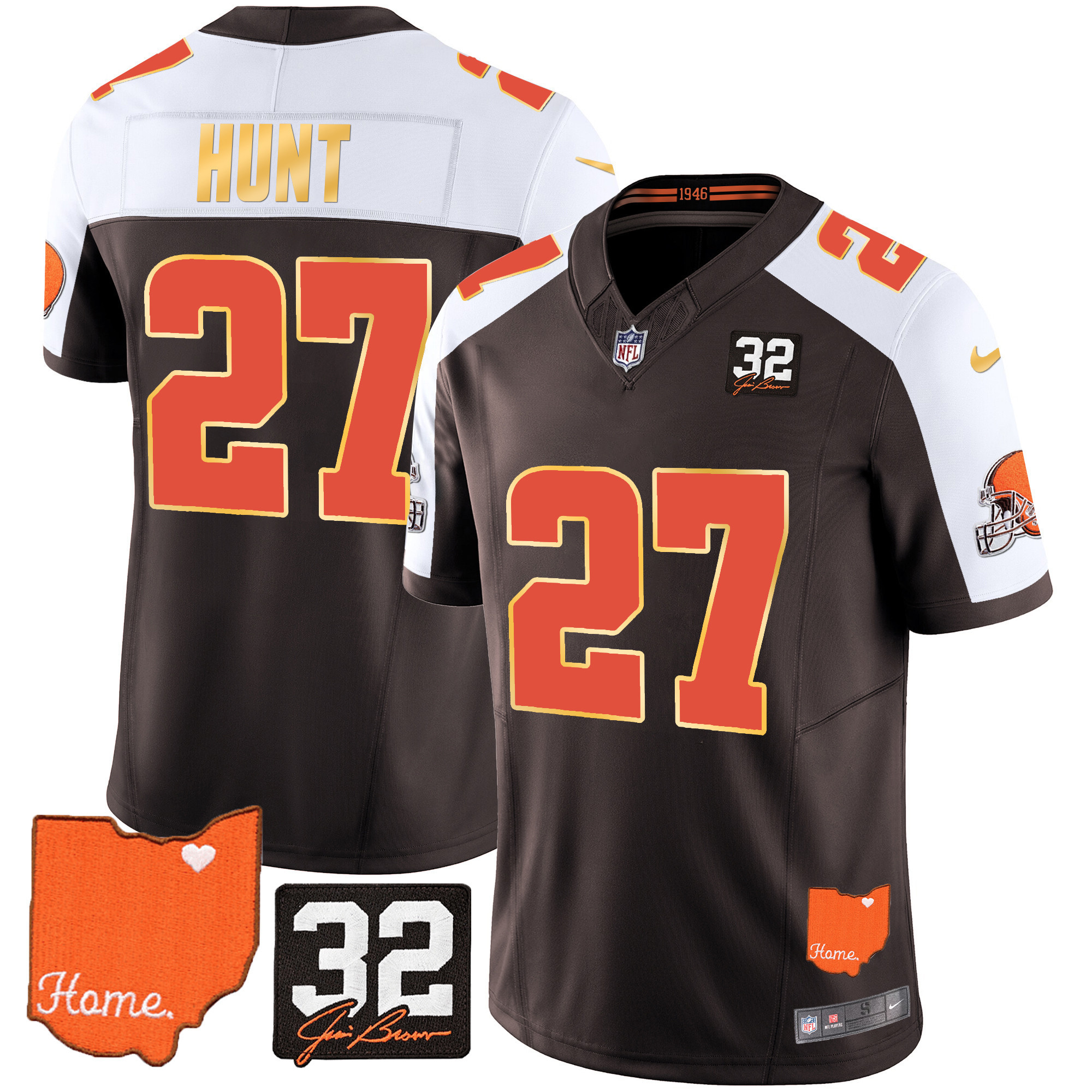 Kareem Hunt Men's Cleveland Browns #32 Jim Brown Memorial & Home Patch Gold Trim Alternate Jersey - All Stitched