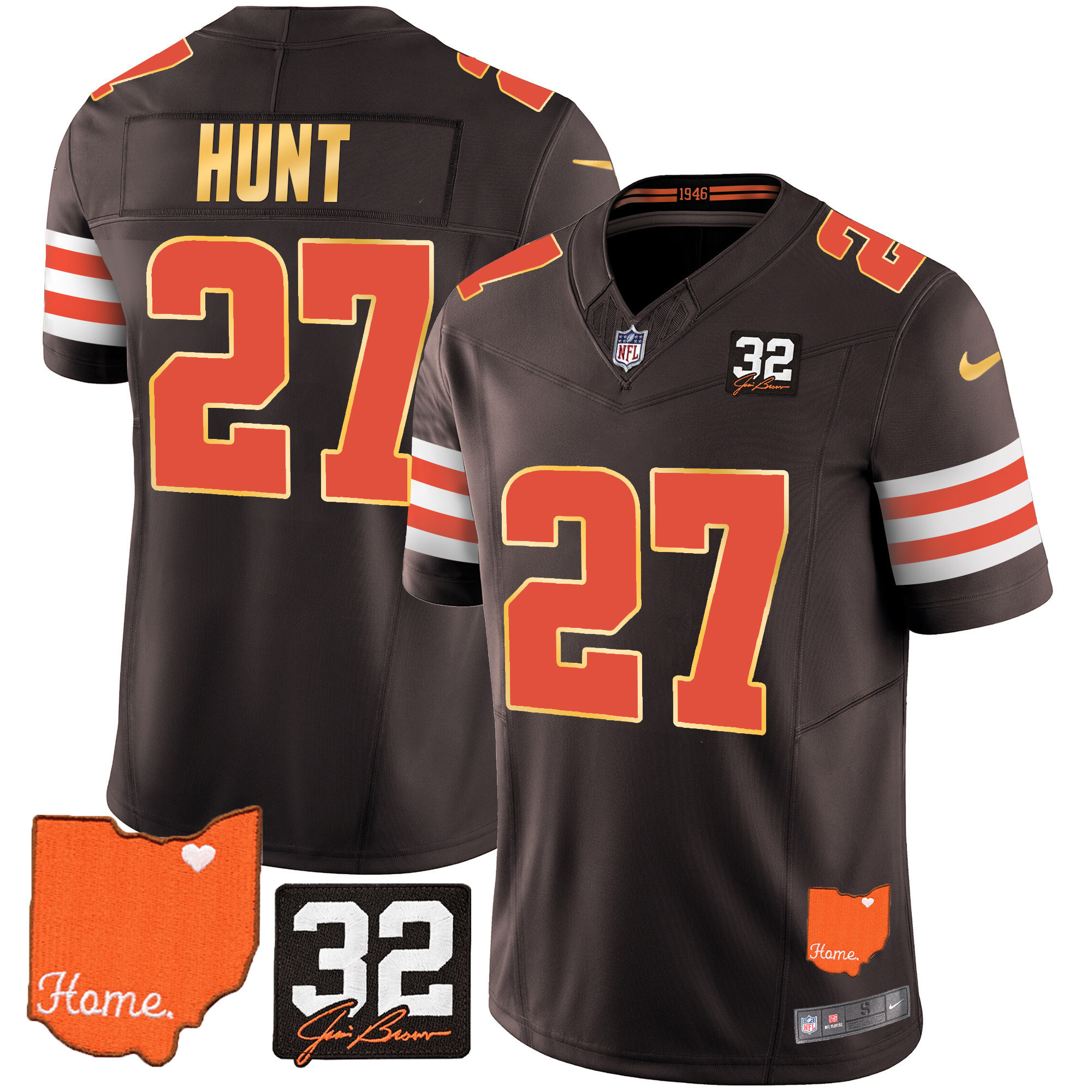 Kareem Hunt Men's Cleveland Browns #32 Jim Brown Memorial & Home Patch Gold Trim Brown Jersey - All Stitched