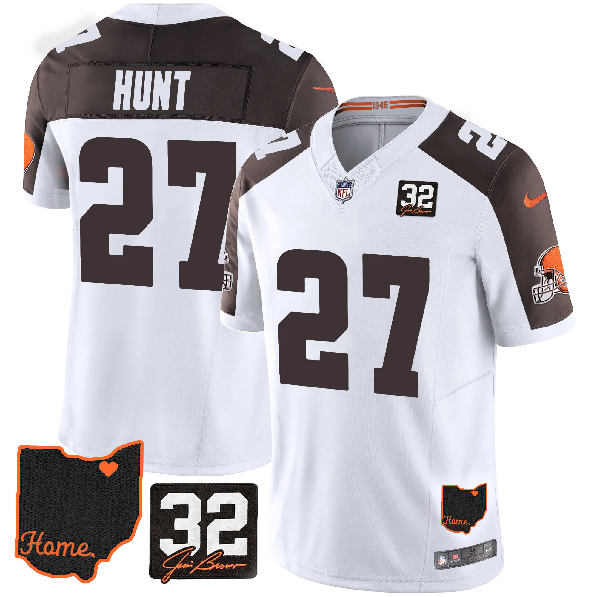 Kareem Hunt Men's Cleveland Browns #32 Jim Brown Memorial & Home Patch Inverted Jersey - All Stitched