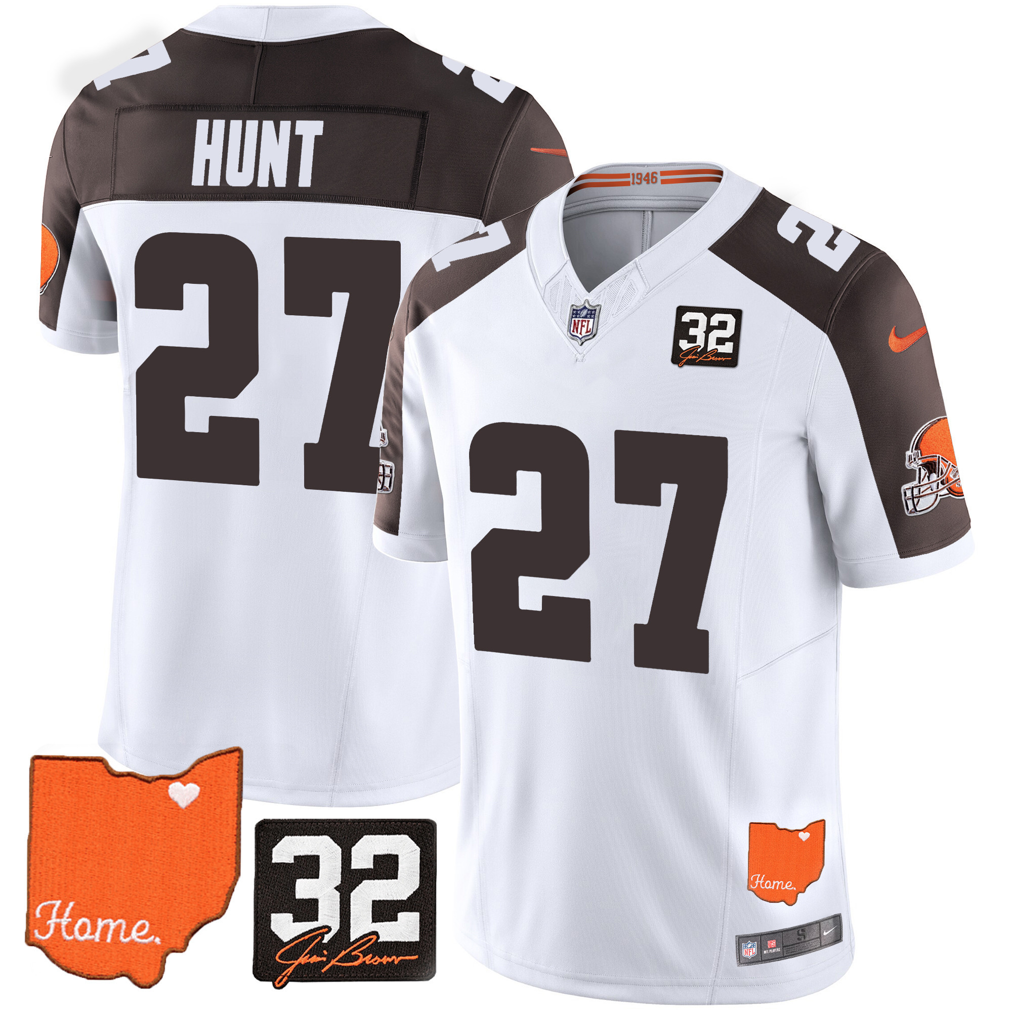 Kareem Hunt Men's Cleveland Browns #32 Jim Brown Memorial & Home Patch Inverted Jersey - All Stitched