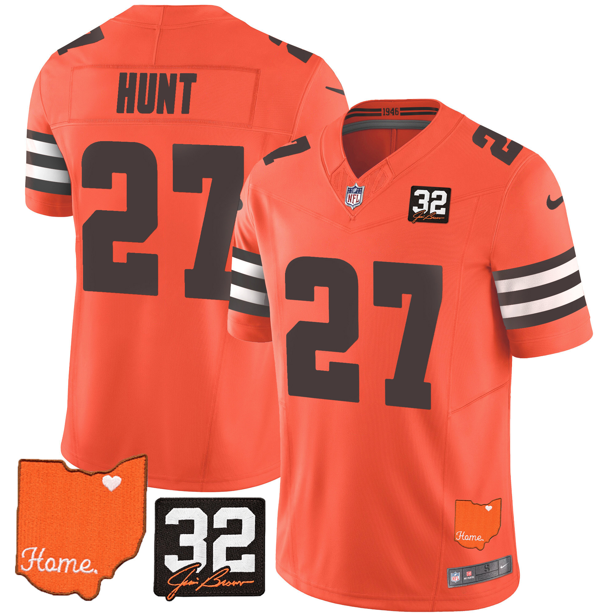 Kareem Hunt Men's Cleveland Browns #32 Jim Brown Memorial & Home Patch Orange Jersey - All Stitched