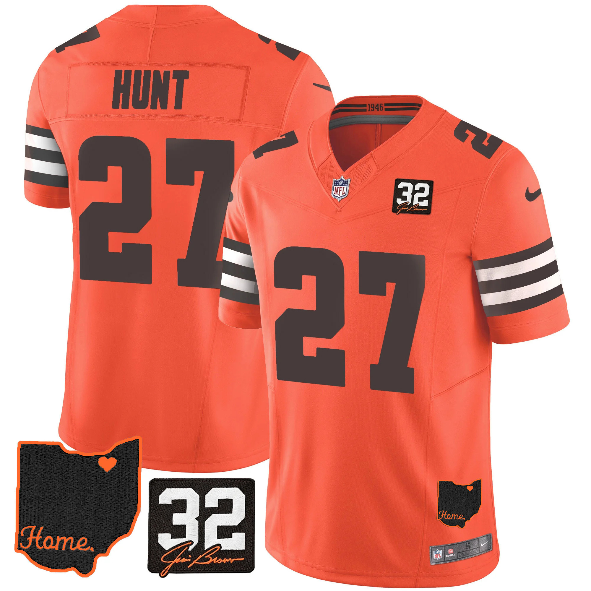 Kareem Hunt Men's Cleveland Browns #32 Jim Brown Memorial & Home Patch Orange Jersey - All Stitched