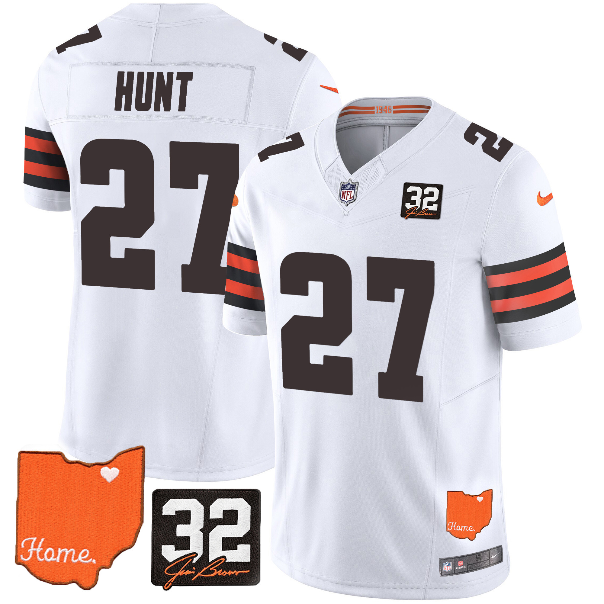 Kareem Hunt Men's Cleveland Browns #32 Jim Brown Memorial & Home Patch White Jersey - All Stitched