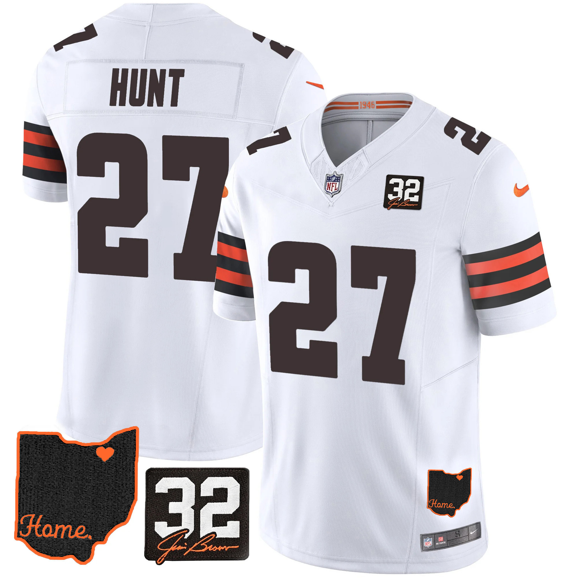 Kareem Hunt Men's Cleveland Browns #32 Jim Brown Memorial & Home Patch White Jersey - All Stitched