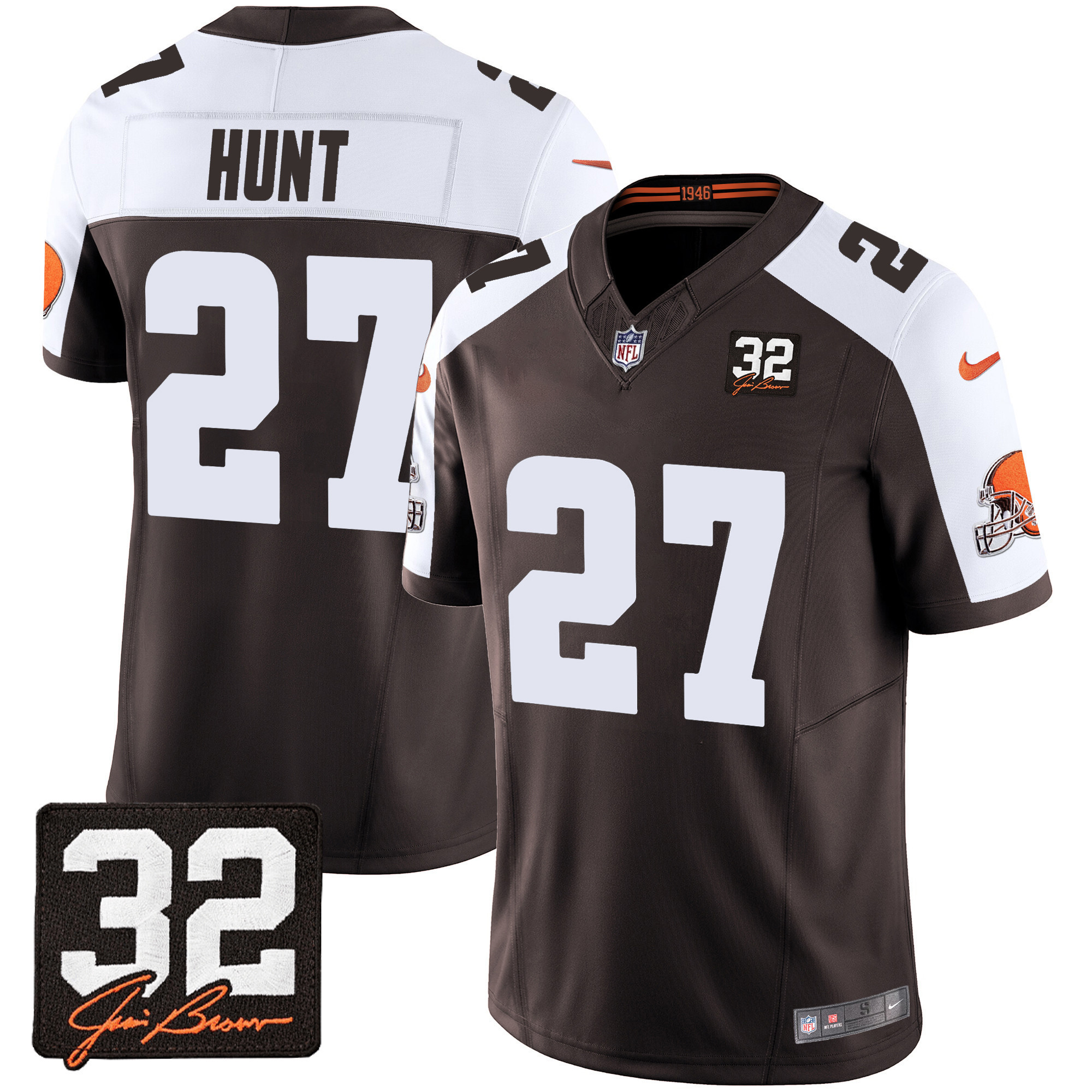 Kareem Hunt Men's Cleveland Browns #32 Jim Brown Memorial Patch Alternate Jersey - All Stitched