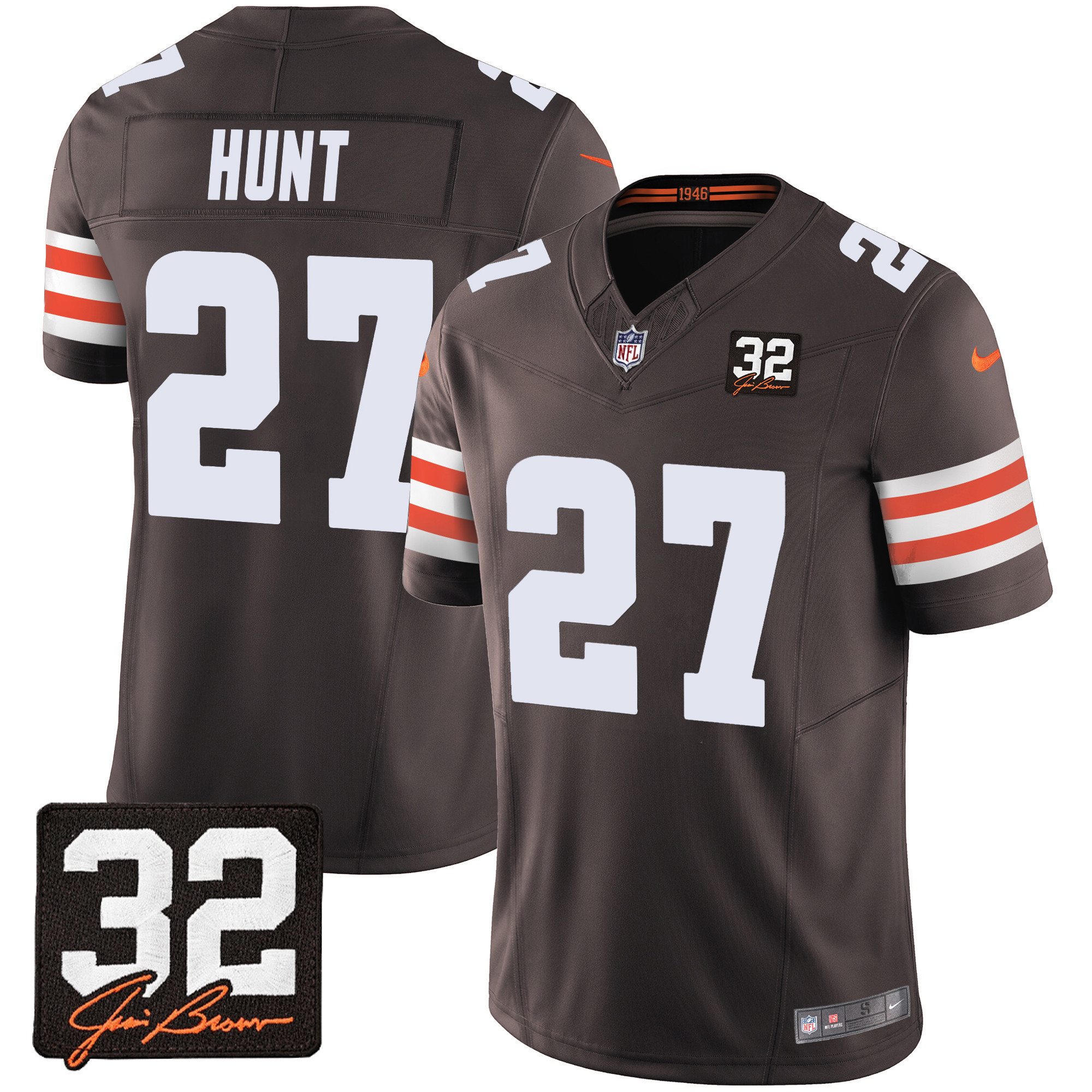 Kareem Hunt Men's Cleveland Browns #32 Jim Brown Memorial Patch Brown Jersey - All Stitched
