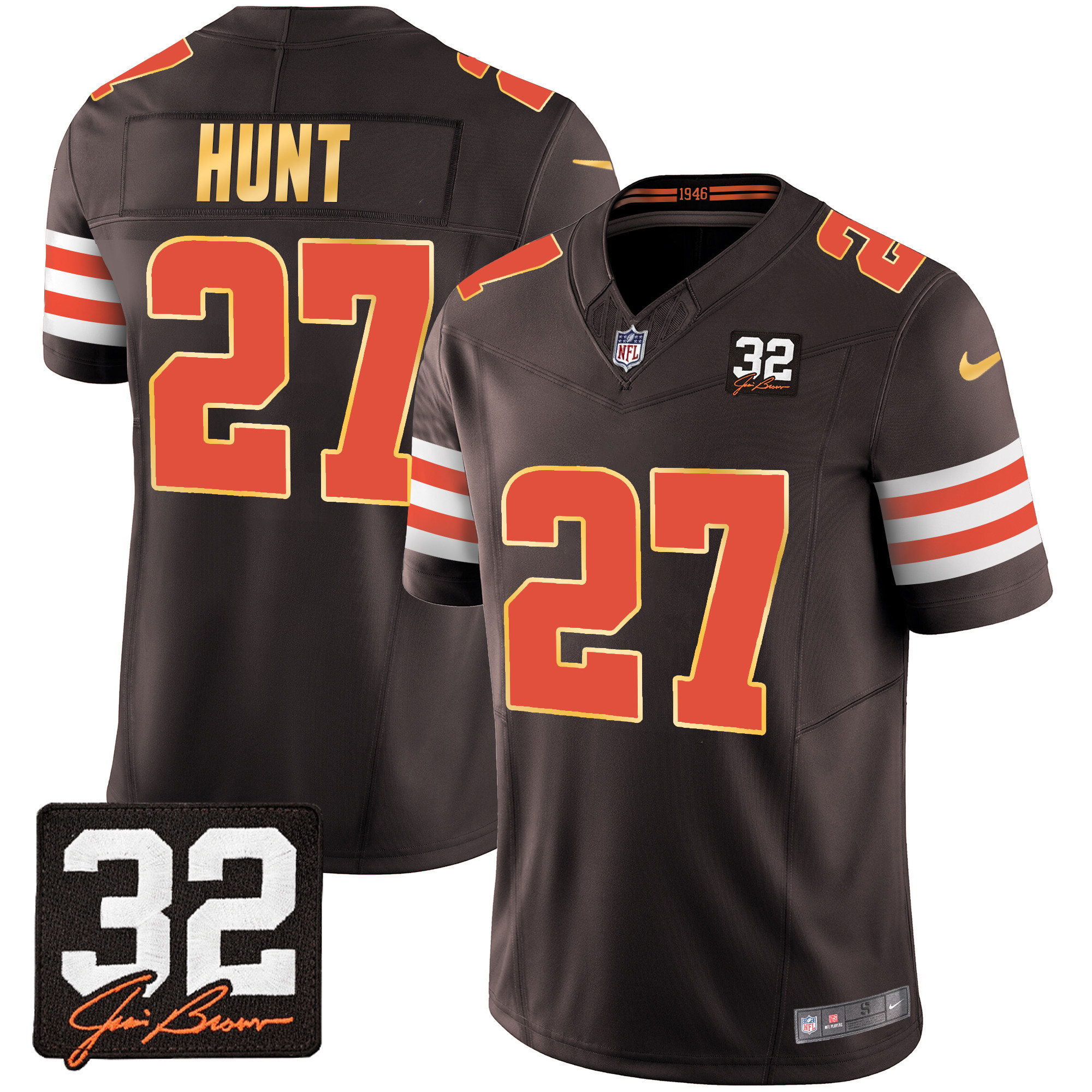 Kareem Hunt Men's Cleveland Browns #32 Jim Brown Memorial Patch Gold Trim Brown Jersey - All Stitched