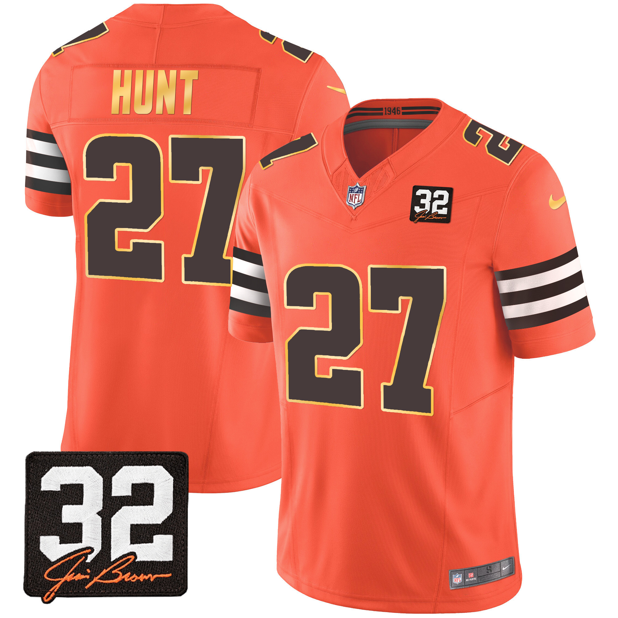 Kareem Hunt Men's Cleveland Browns #32 Jim Brown Memorial Patch Gold Trim Orange Jersey - All Stitched