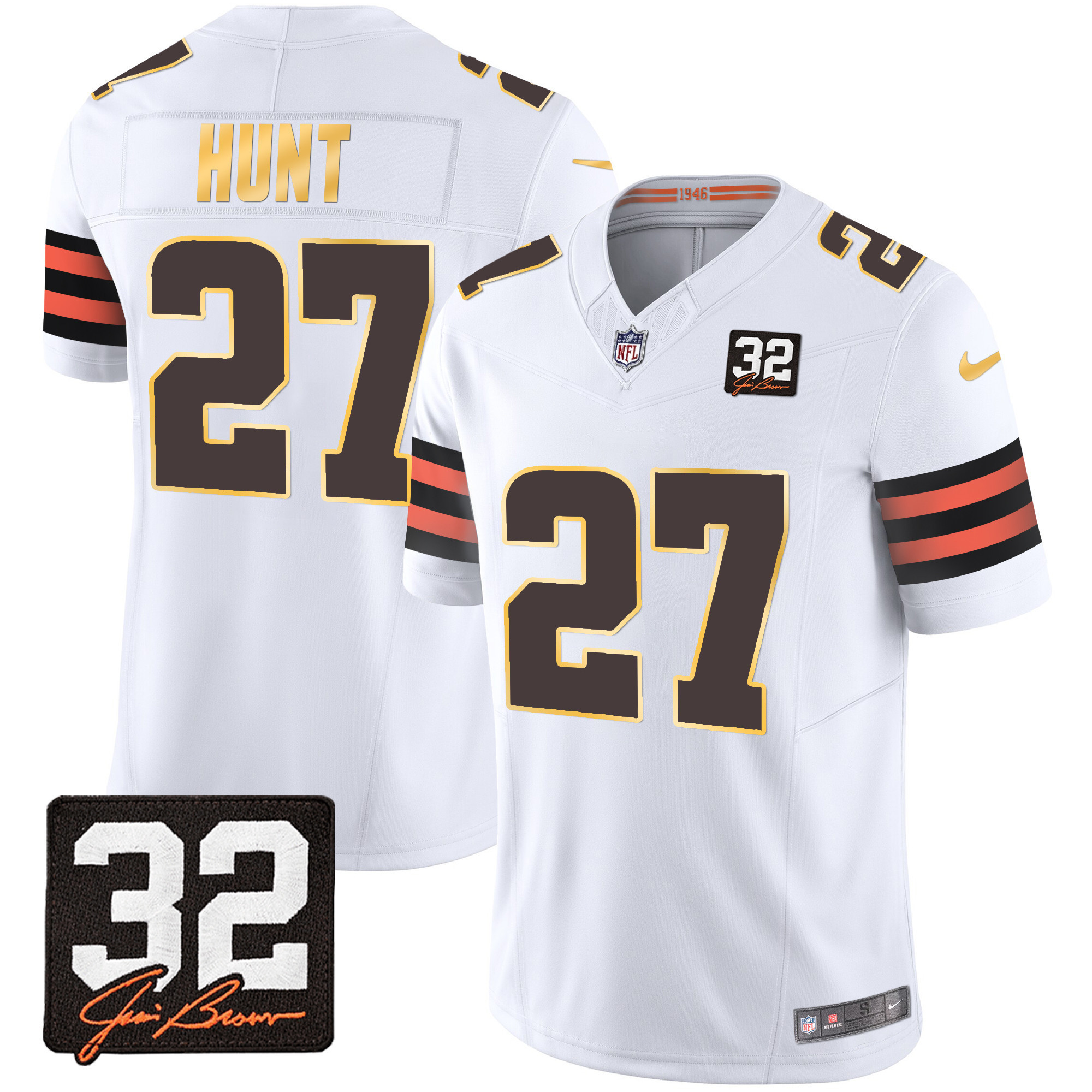 Kareem Hunt Men's Cleveland Browns #32 Jim Brown Memorial Patch Gold Trim White Jersey - All Stitched