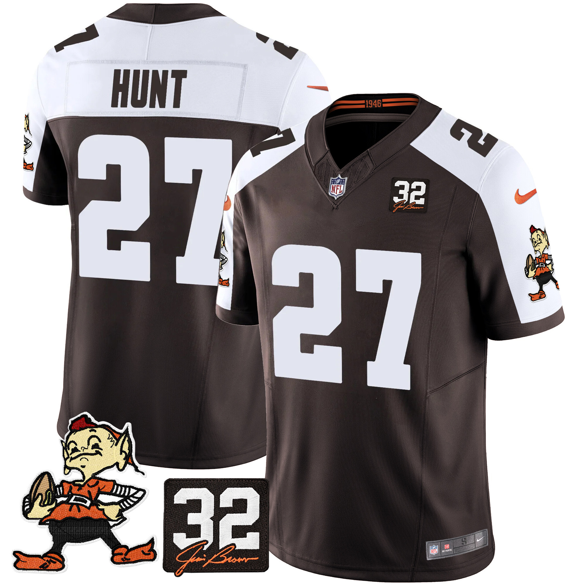Kareem Hunt Men's Cleveland Browns #32 Jim Brown Memorial Patch Vapor Limited Alternate Jersey - All Stitched