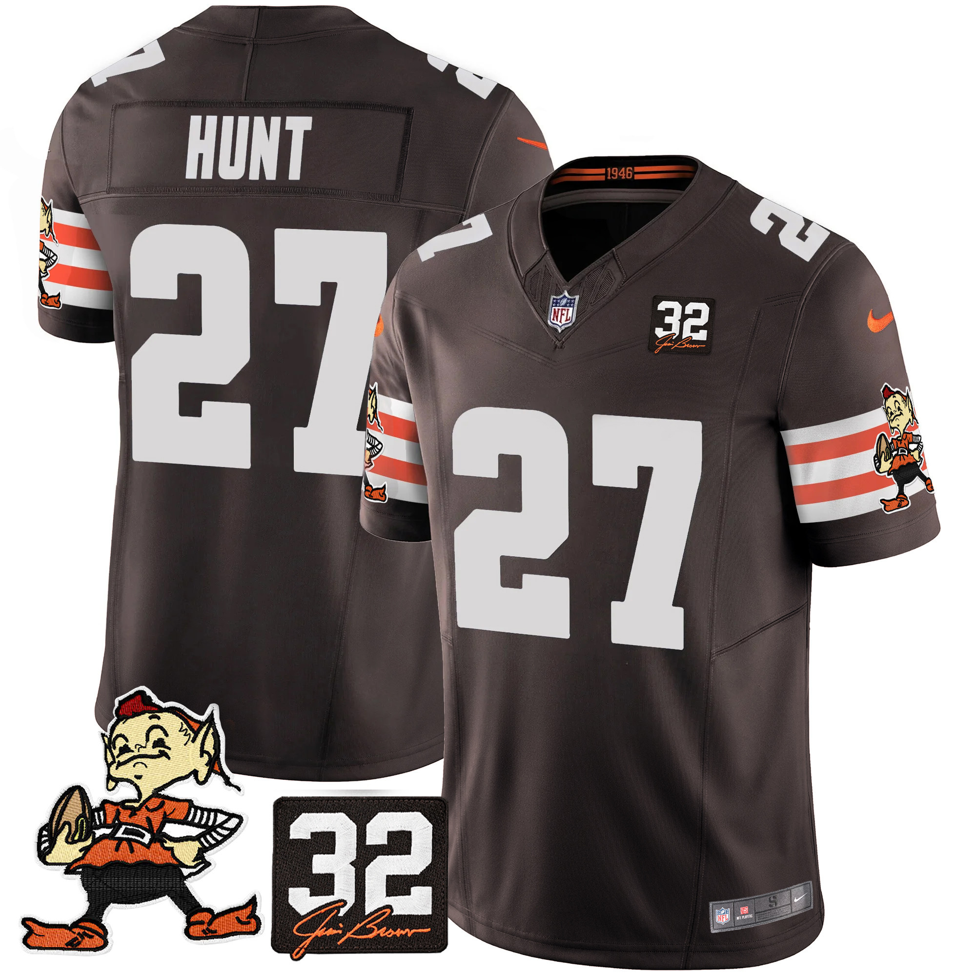 Kareem Hunt Men's Cleveland Browns #32 Jim Brown Memorial Patch Vapor Limited Brown Jersey - All Stitched