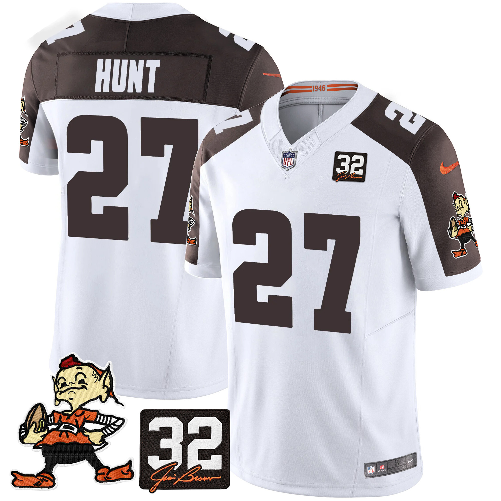 Kareem Hunt Men's Cleveland Browns #32 Jim Brown Memorial Patch Vapor Limited Inverted Jersey - All Stitched