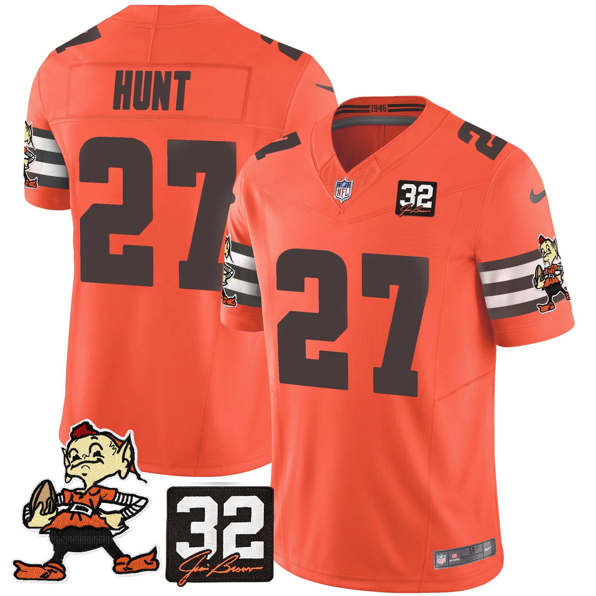 Kareem Hunt Men's Cleveland Browns #32 Jim Brown Memorial Patch Vapor Limited Orange Jersey - All Stitched