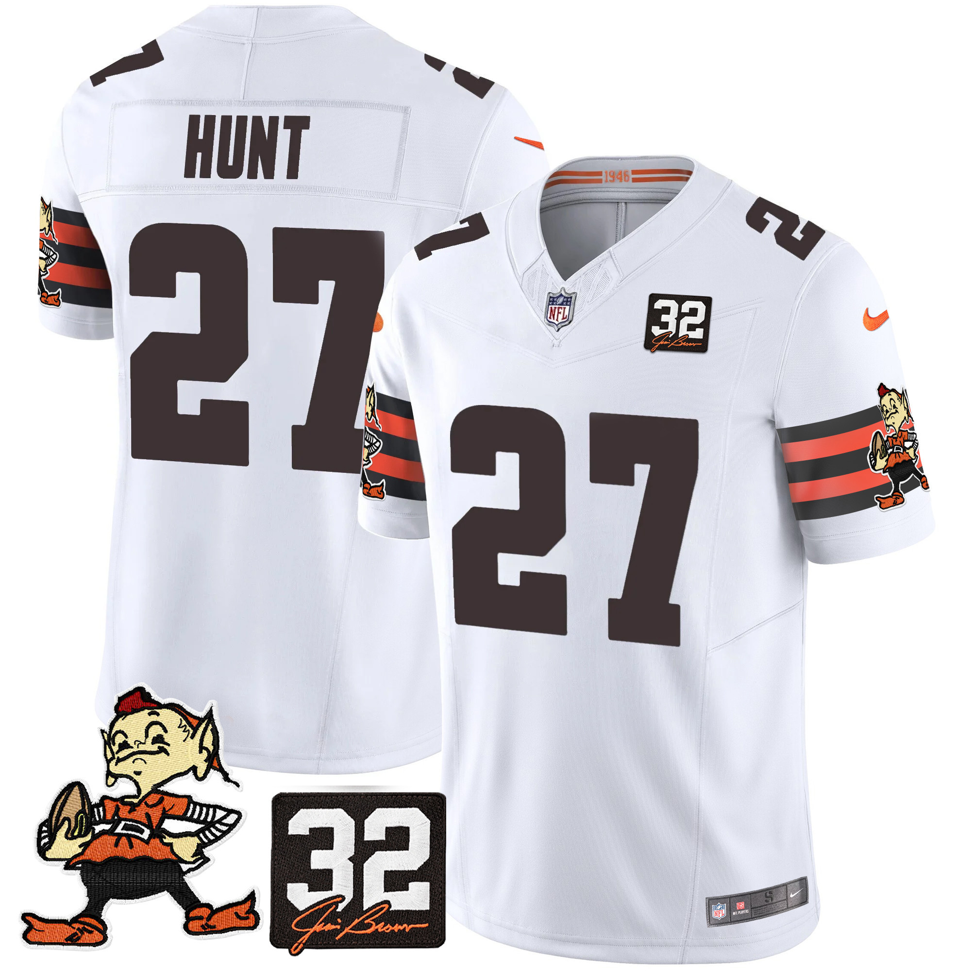 Kareem Hunt Men's Cleveland Browns #32 Jim Brown Memorial Patch Vapor Limited White Jersey - All Stitched
